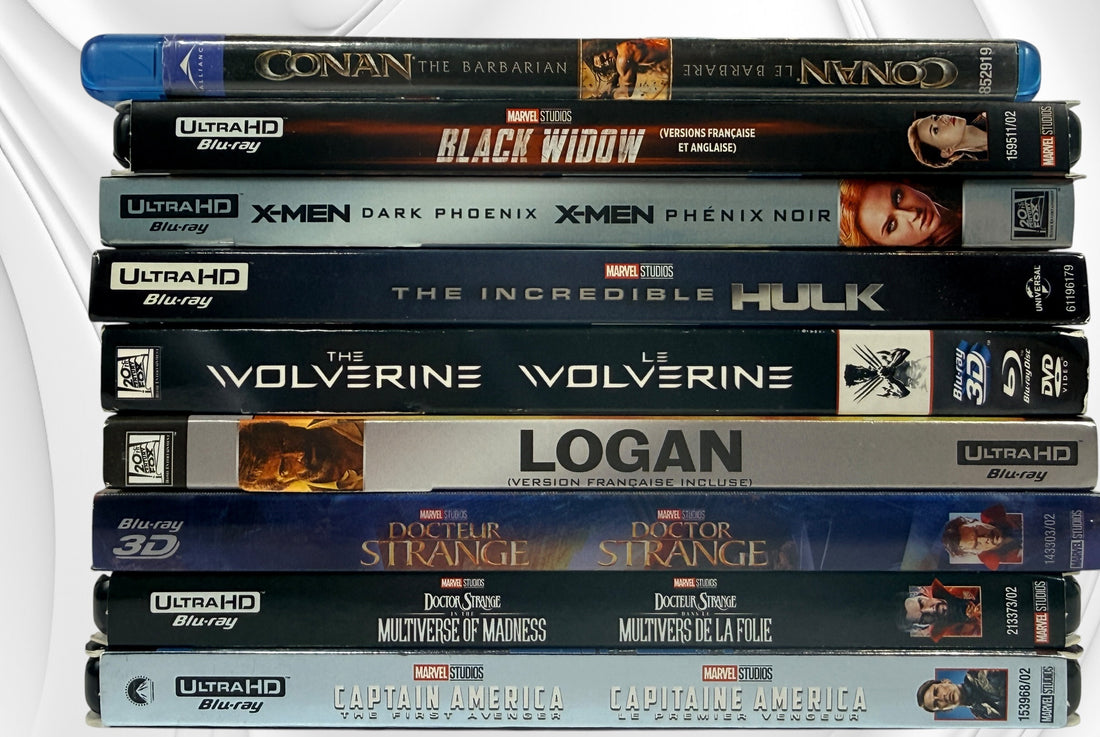 Complete 9-movie Marvel and X-Men collection featuring 4K Ultra HD, Blu-ray and Blu-ray 3D editions. Includes Logan, Hulk, Black Widow, Doctor Strange and more.
