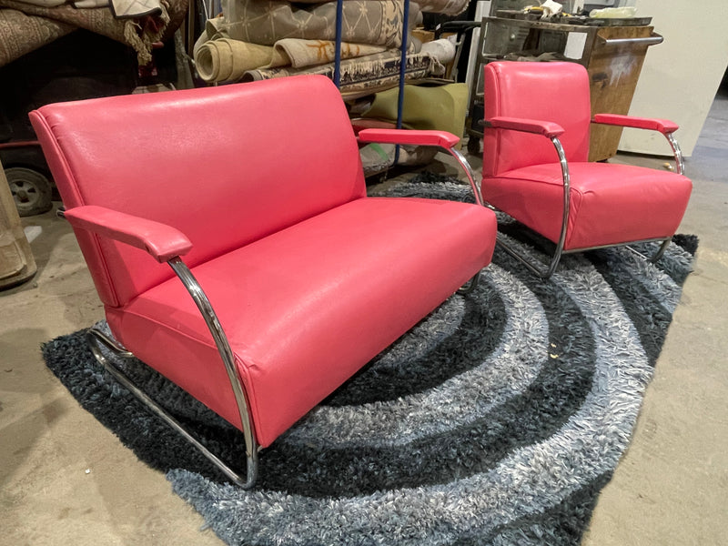 Super rare 1950’s cantilever tubular chrome loveseat and lounge chair