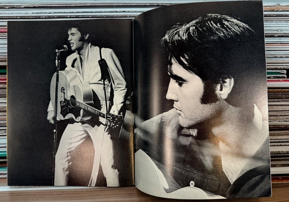 Complete vintage RCA Elvis Presley Worldwide 50 Gold Award Hits Vol. 1 box set with two original 8-track cartridges, photo album, and collector presentation box.