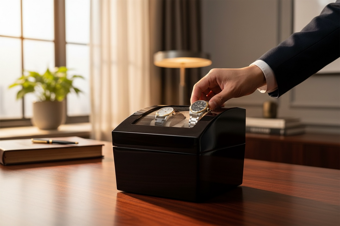 Working dual automatic watch winder in piano black lacquer with storage, display lid, and AC adaptor. Clean, functional, and perfect for protecting your watches…

