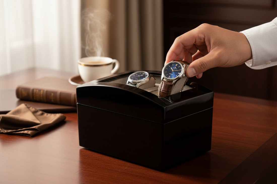 Working dual automatic watch winder in piano black lacquer with storage, display lid, and AC adaptor. Clean, functional, and perfect for protecting your watches…


