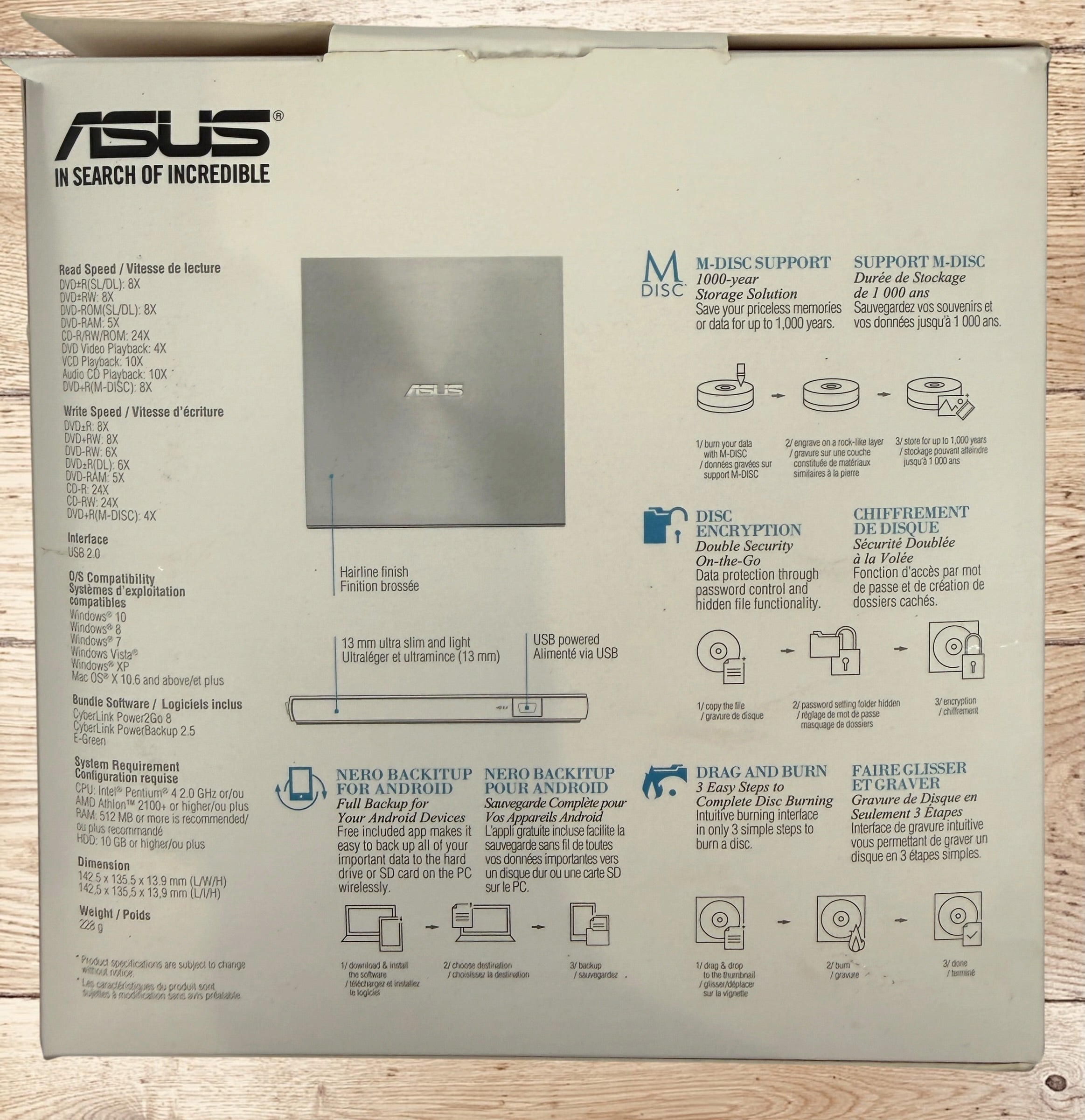 ASUS ZenDrive SDRW-08U7M-U external USB DVD writer with original box, USB cable and manuals. Ultra-slim, M-DISC compatible, tested and fully functional for Windows and Mac.