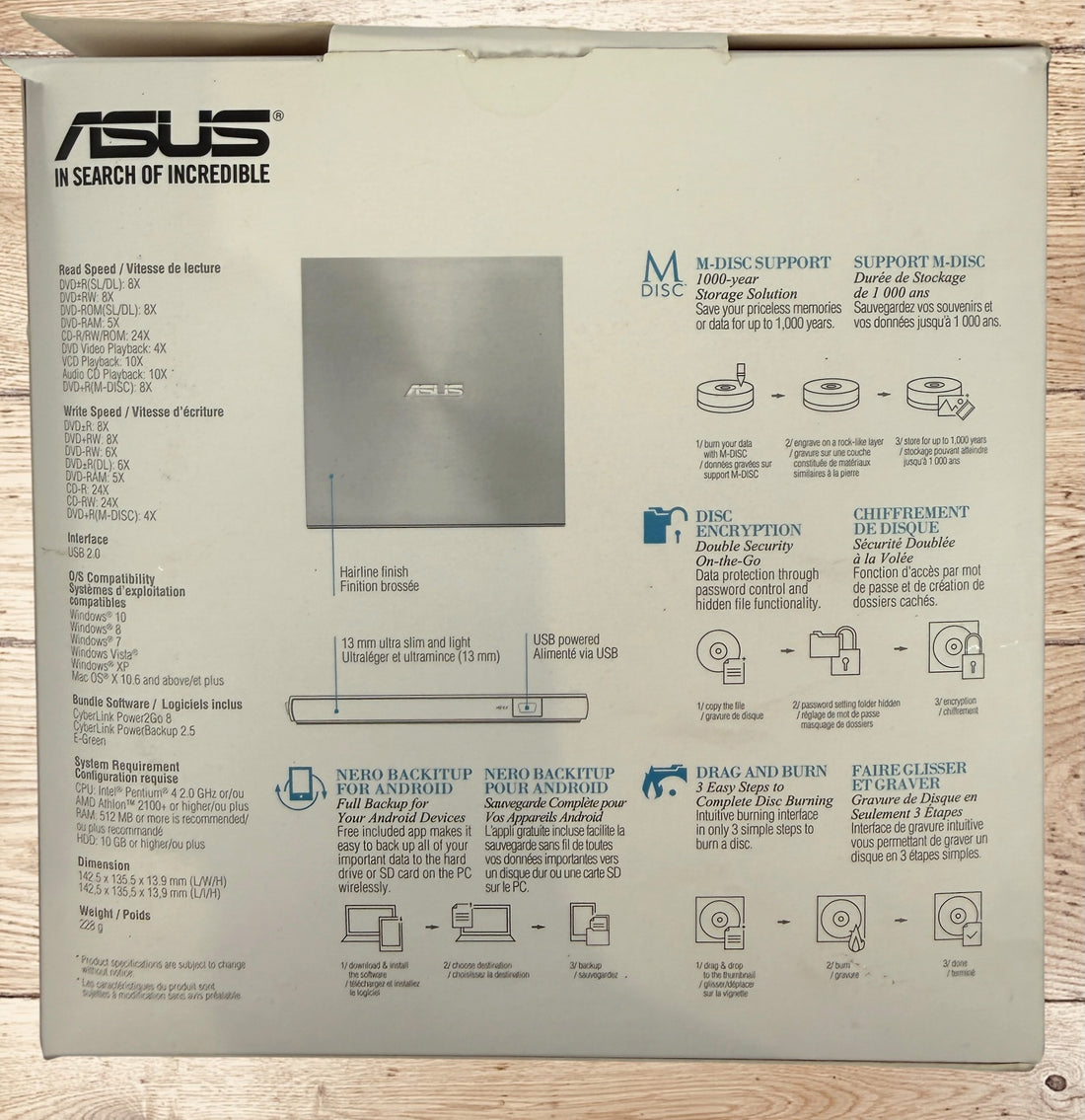ASUS ZenDrive SDRW-08U7M-U external USB DVD writer with original box, USB cable and manuals. Ultra-slim, M-DISC compatible, tested and fully functional for Windows and Mac.