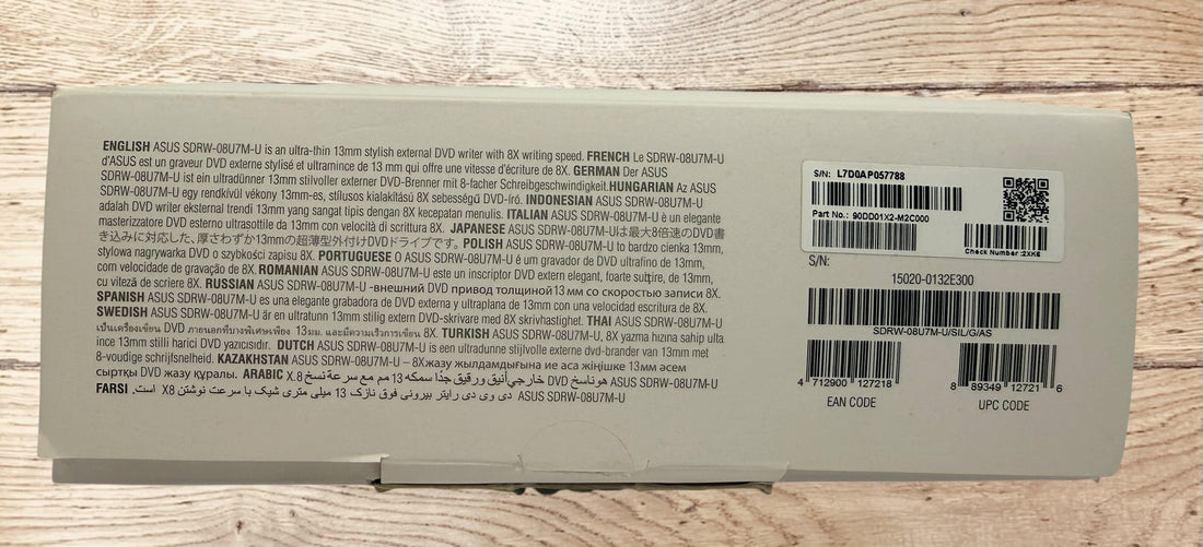 ASUS ZenDrive SDRW-08U7M-U external USB DVD writer with original box, USB cable and manuals. Ultra-slim, M-DISC compatible, tested and fully functional for Windows and Mac.