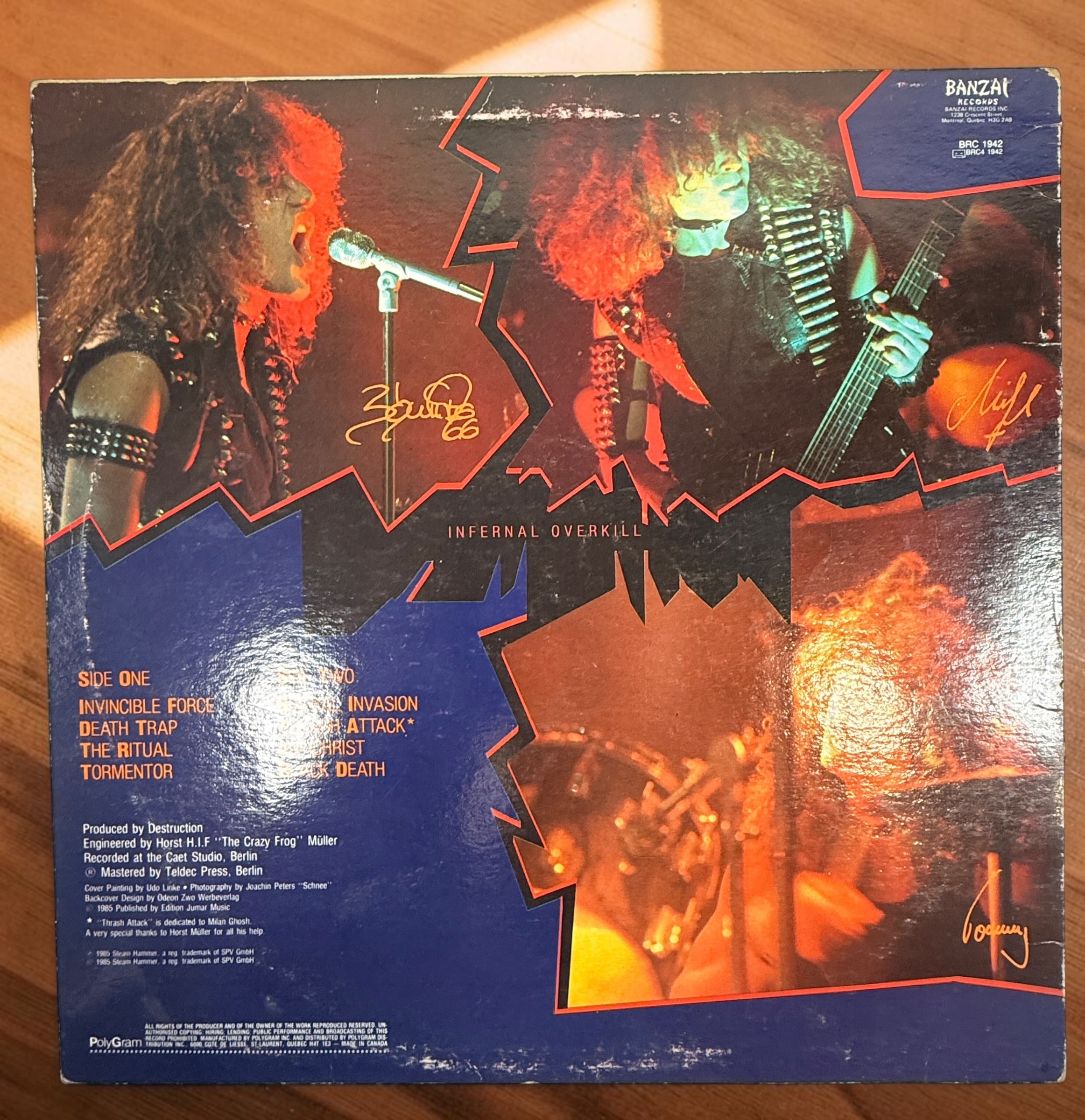 Original 1985 Destruction&nbsp;Infernal Overkill Canadian Banzai Records LP (BRC 1942). Classic German thrash metal vinyl with original sleeve. Collectible first pressing.