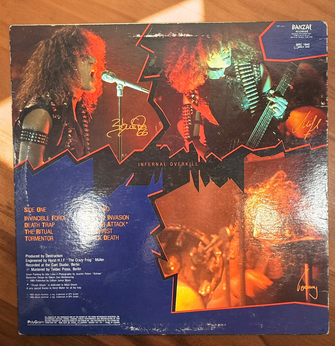 Original 1985 Destruction&nbsp;Infernal Overkill Canadian Banzai Records LP (BRC 1942). Classic German thrash metal vinyl with original sleeve. Collectible first pressing.