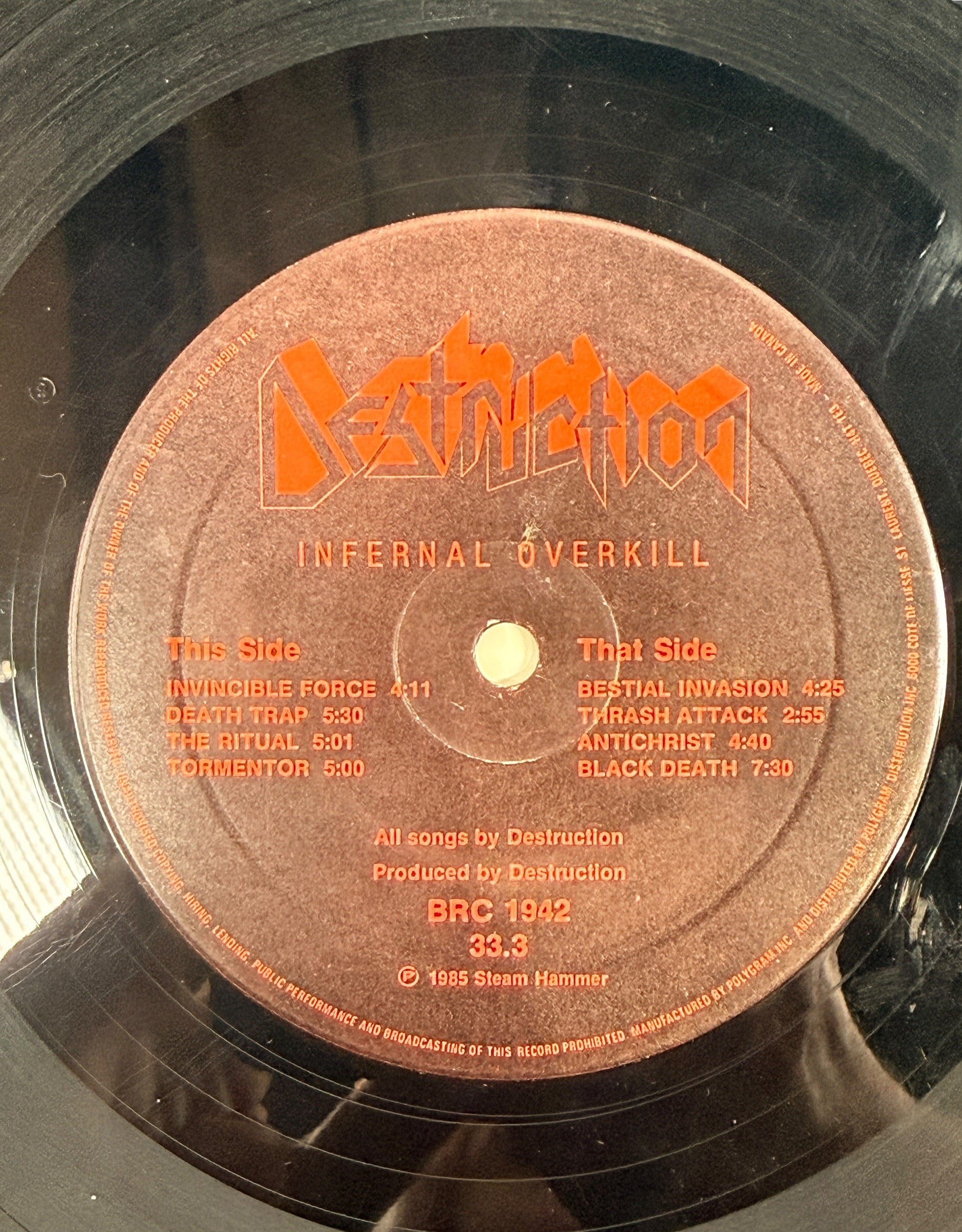 Original 1985 Destruction&nbsp;Infernal Overkill Canadian Banzai Records LP (BRC 1942). Classic German thrash metal vinyl with original sleeve. Collectible first pressing.