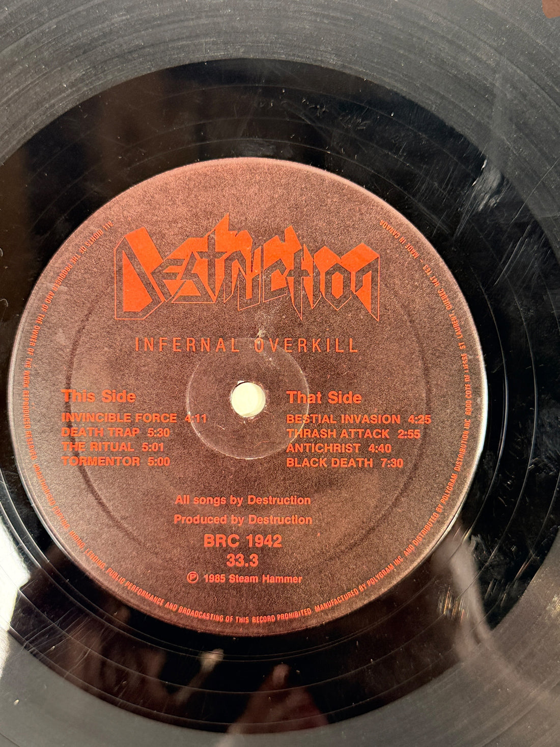 Original 1985 Destruction&nbsp;Infernal Overkill Canadian Banzai Records LP (BRC 1942). Classic German thrash metal vinyl with original sleeve. Collectible first pressing.