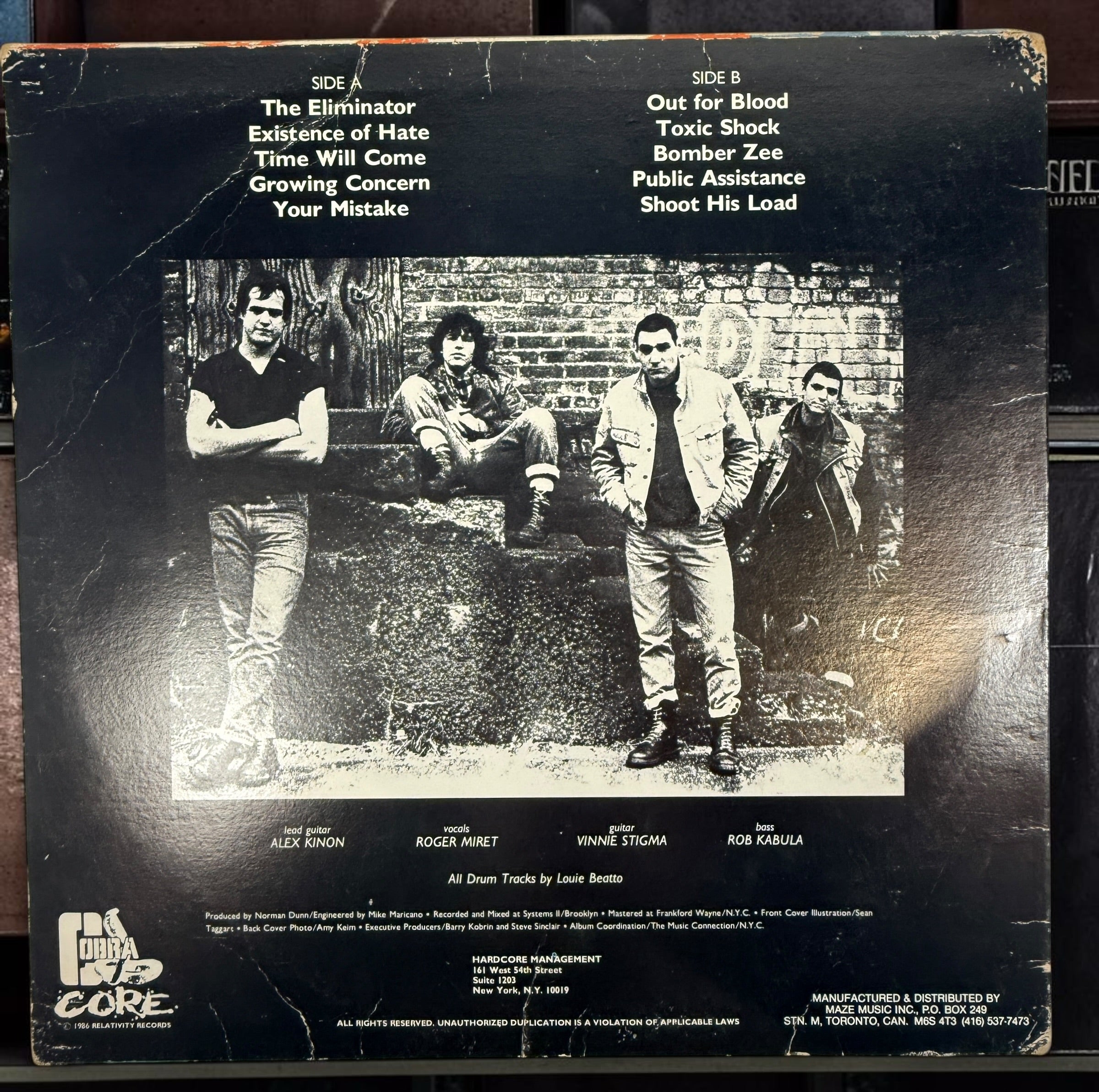 Original 1986 Canadian Agnostic Front Cause For Alarm LP on Cobra Core Records CL 1014. Tested vintage hardcore punk vinyl with original jacket