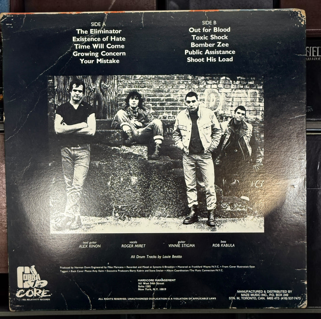 Original 1986 Canadian Agnostic Front Cause For Alarm LP on Cobra Core Records CL 1014. Tested vintage hardcore punk vinyl with original jacket