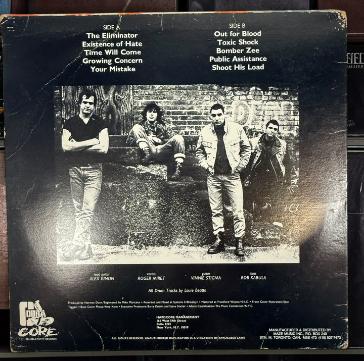 Original 1986 Canadian Agnostic Front Cause For Alarm LP on Cobra Core Records CL 1014. Tested vintage hardcore punk vinyl with original jacket
