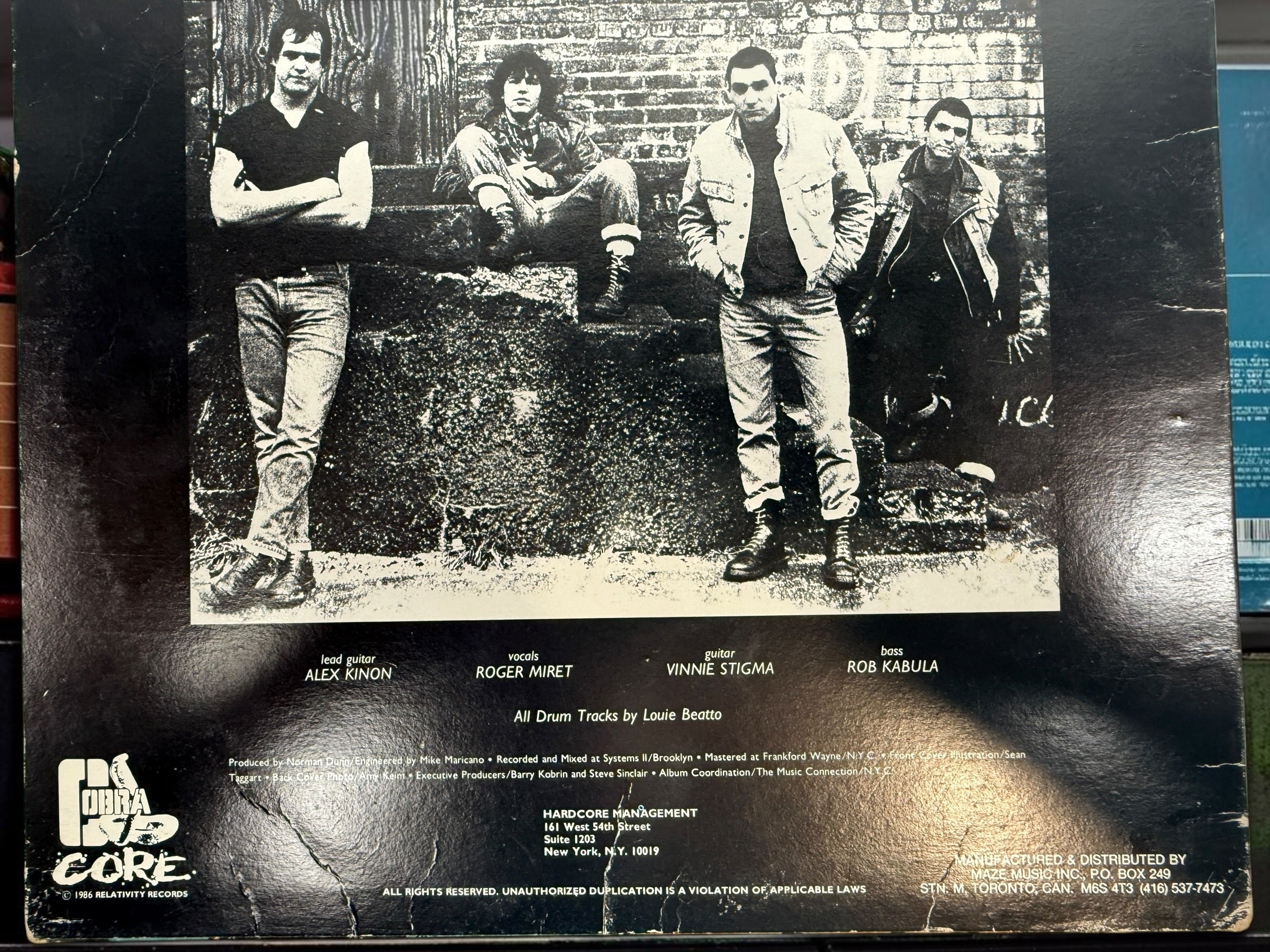 Original 1986 Canadian Agnostic Front Cause For Alarm LP on Cobra Core Records CL 1014. Tested vintage hardcore punk vinyl with original jacket
