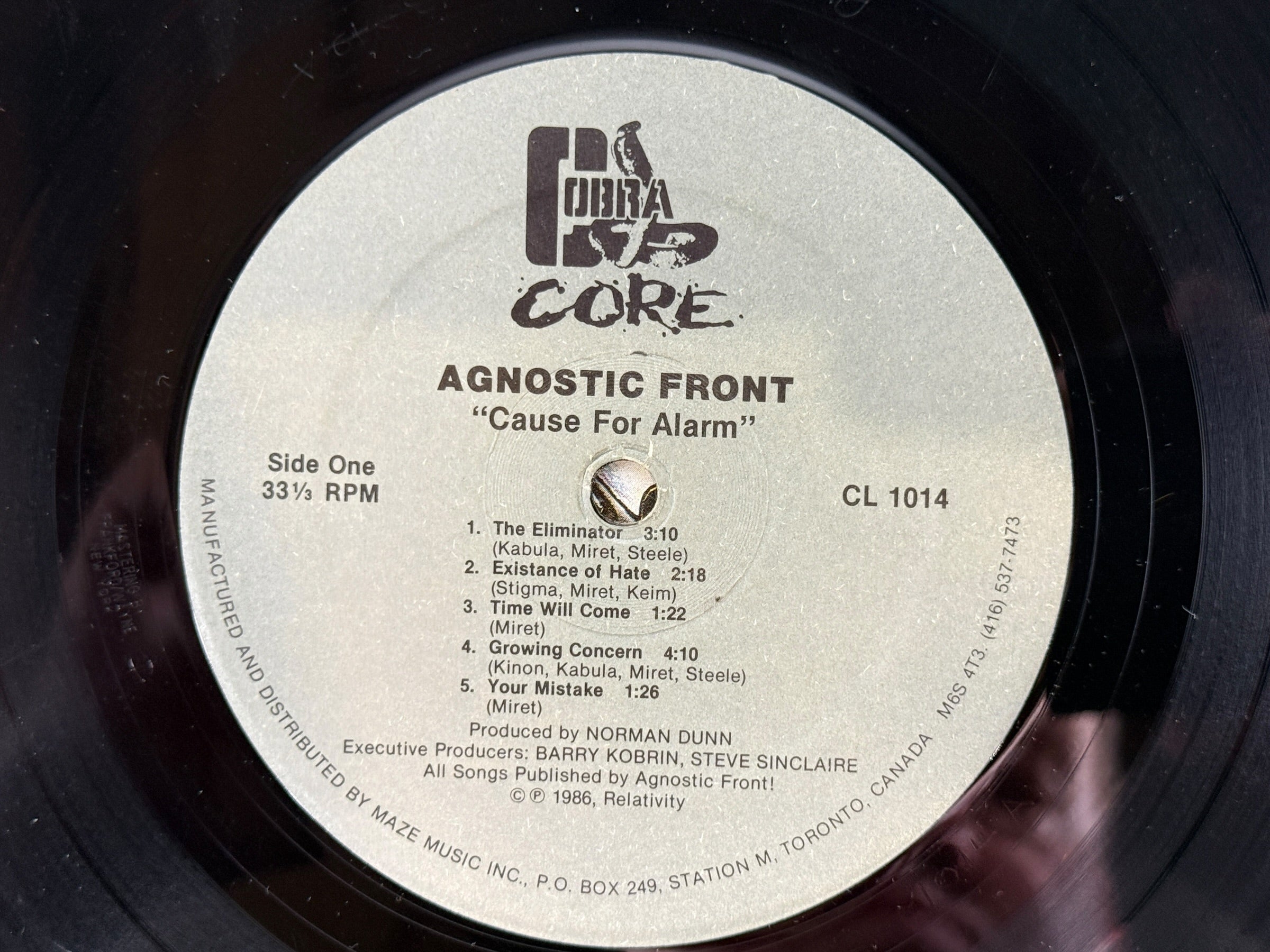 Original 1986 Canadian Agnostic Front Cause For Alarm LP on Cobra Core Records CL 1014. Tested vintage hardcore punk vinyl with original jacket
