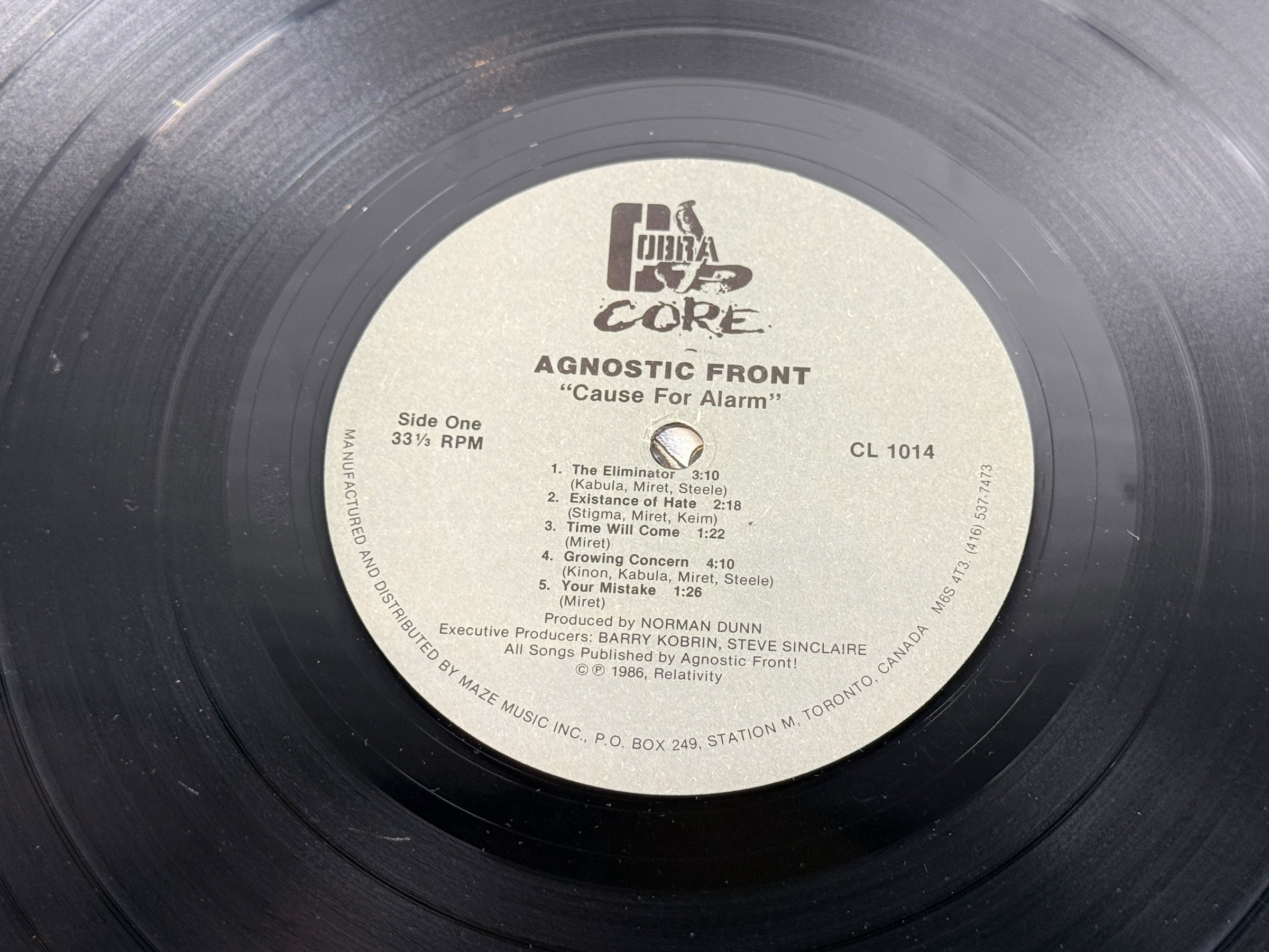Original 1986 Canadian Agnostic Front Cause For Alarm LP on Cobra Core Records CL 1014. Tested vintage hardcore punk vinyl with original jacket