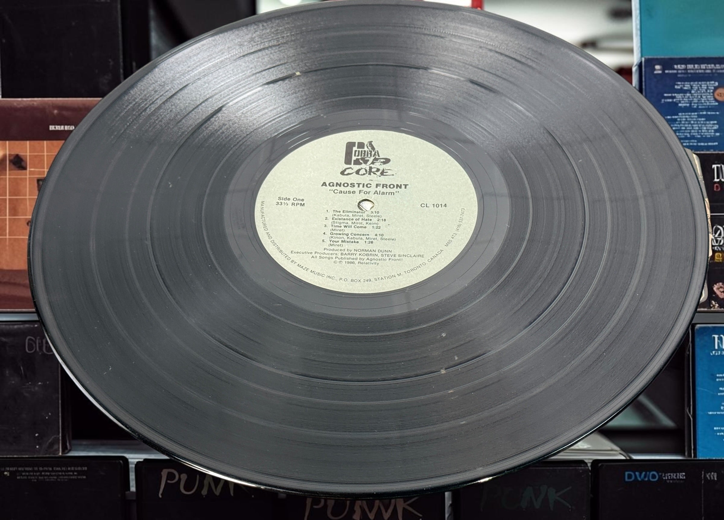 Original 1986 Canadian Agnostic Front Cause For Alarm LP on Cobra Core Records CL 1014. Tested vintage hardcore punk vinyl with original jacket