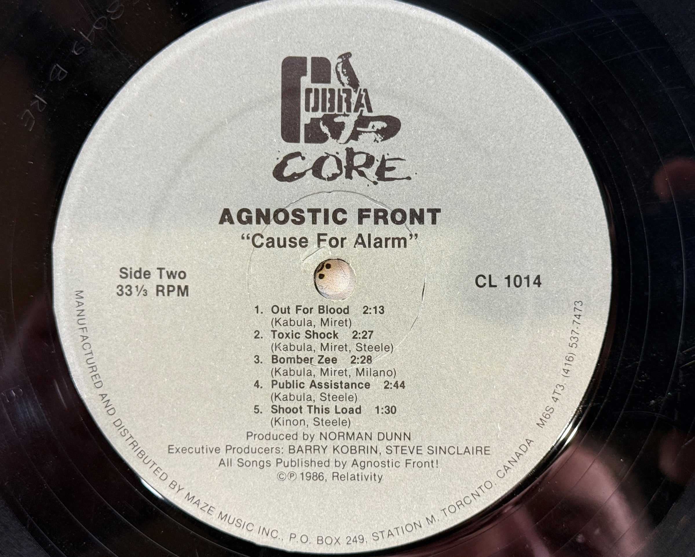 Original 1986 Canadian Agnostic Front Cause For Alarm LP on Cobra Core Records CL 1014. Tested vintage hardcore punk vinyl with original jacket