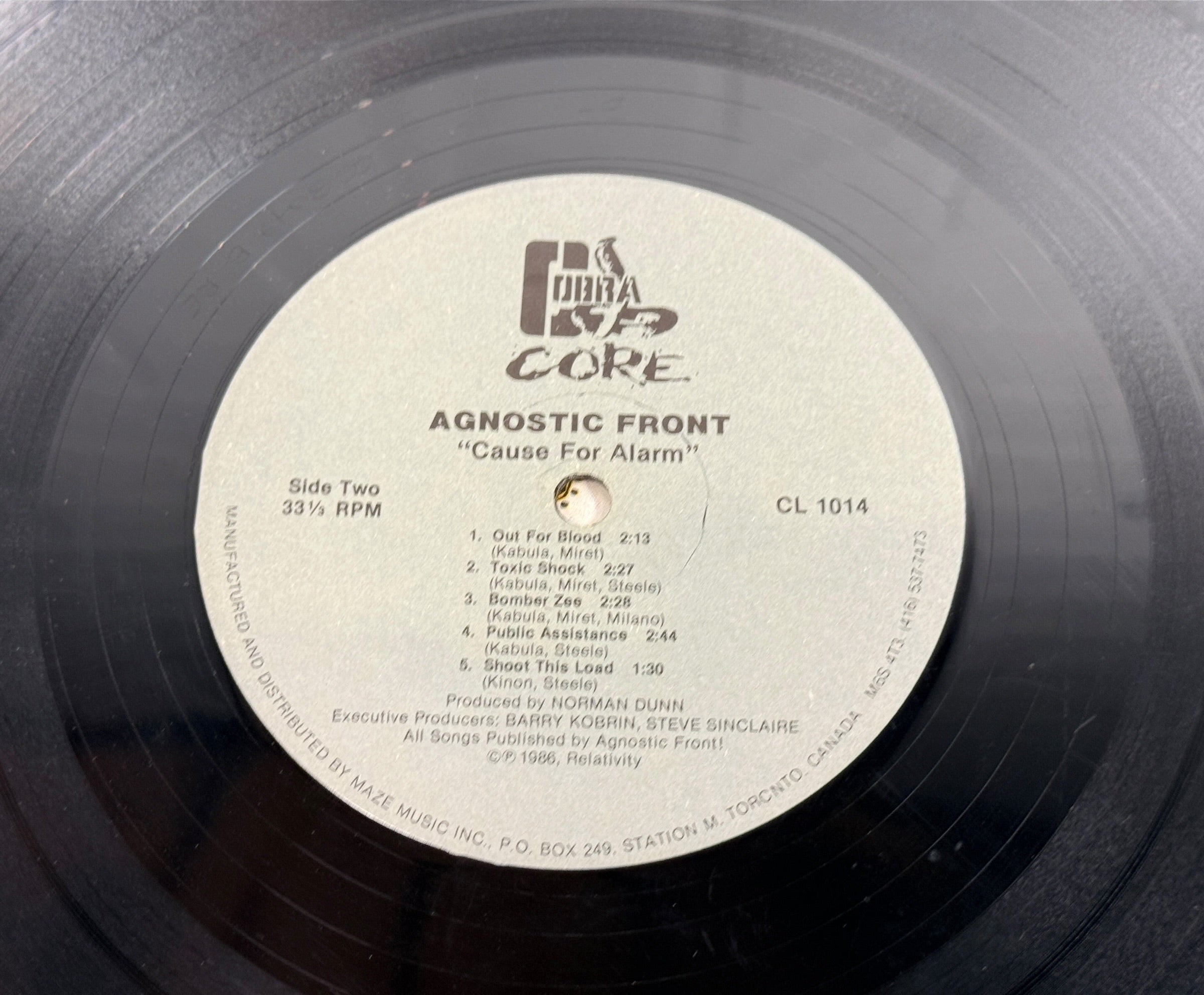 Agnostic Front, Cause For Alarm, pressage canadien de 1986, LP Cobra Core.