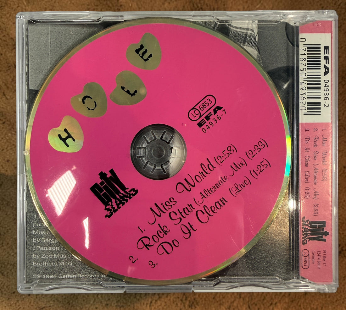 Original 1994 Hole Miss World German CD single featuring Courtney Love. Includes Rock Star (Alternate Mix) and Do It Clean (Live). Tested and complete.