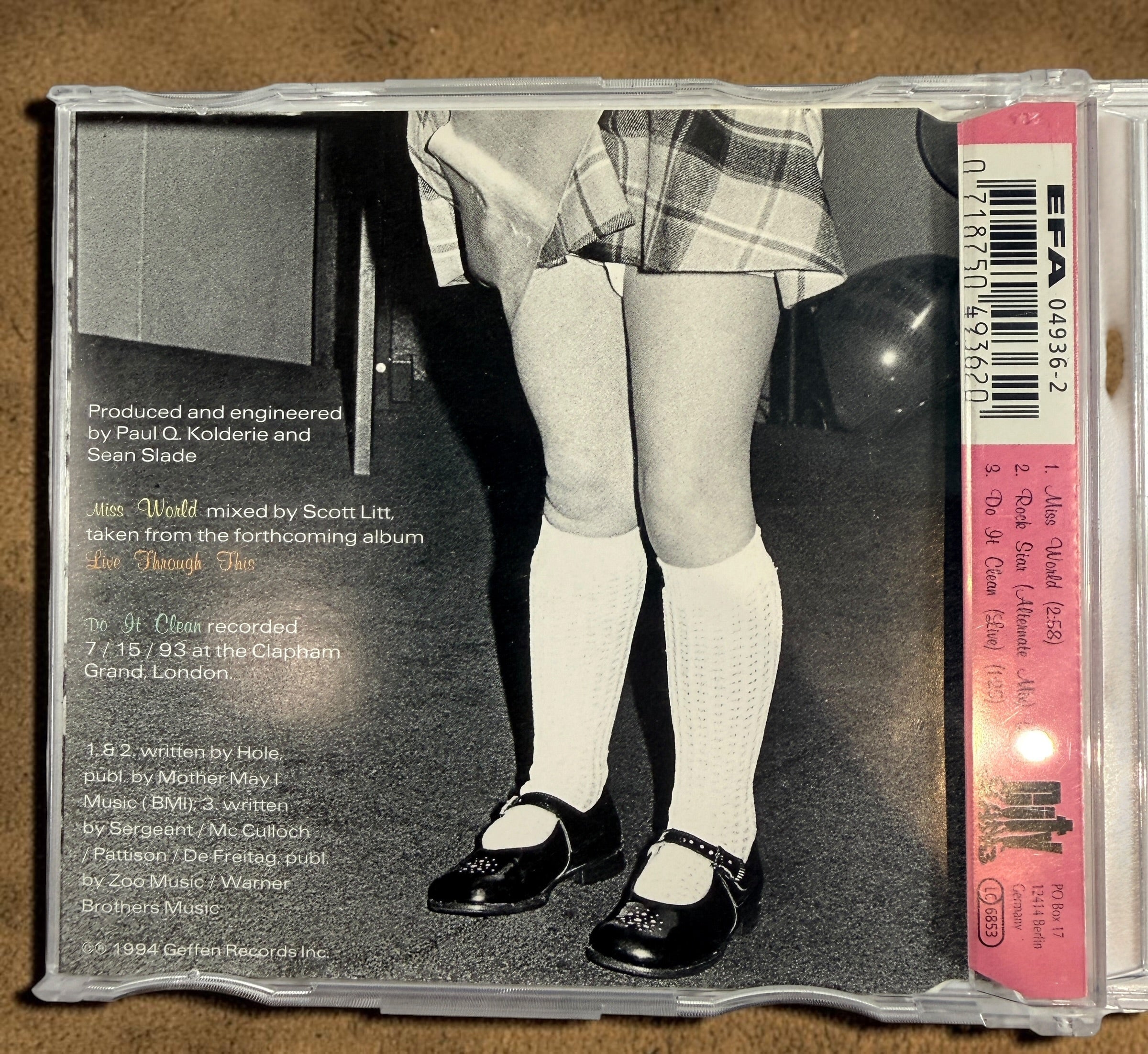 Original 1994 Hole Miss World German CD single featuring Courtney Love. Includes Rock Star (Alternate Mix) and Do It Clean (Live). Tested and complete.