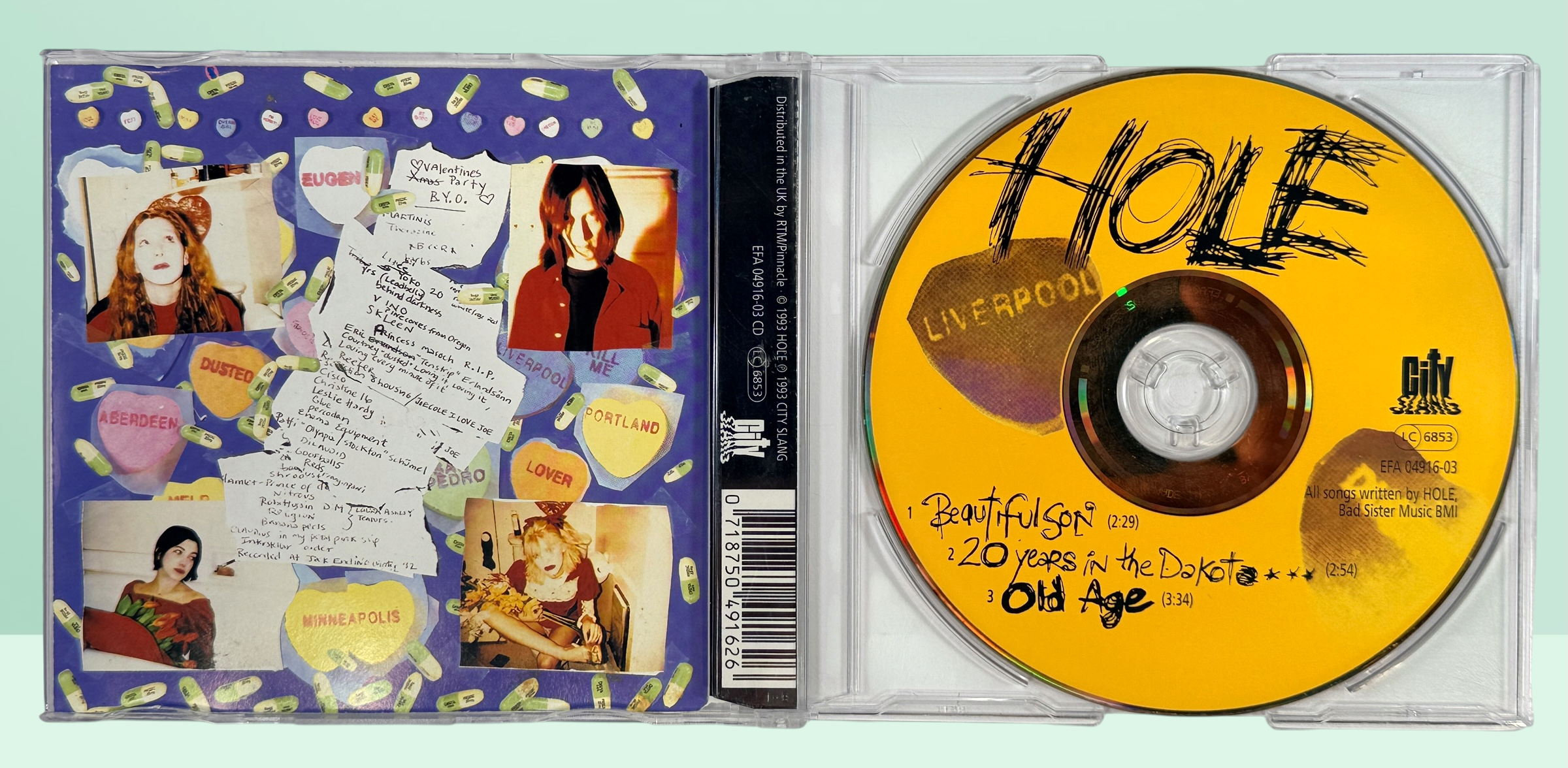Rare 1993 Hole Beautiful Son UK CD single featuring Courtney Love. Includes 20 Years In The Dakota and Old Age. Original City Slang 3-track grunge collectible.