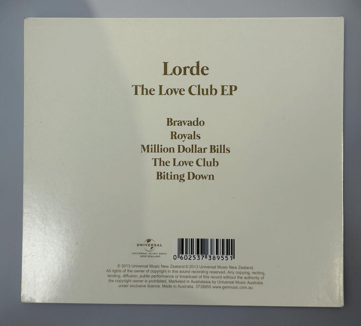 Official 2013 Australian pressing of Lorde’s&nbsp;The Love Club EP featuring the hit “Royals.” Complete, tested CD in original digipak, very good condition.
