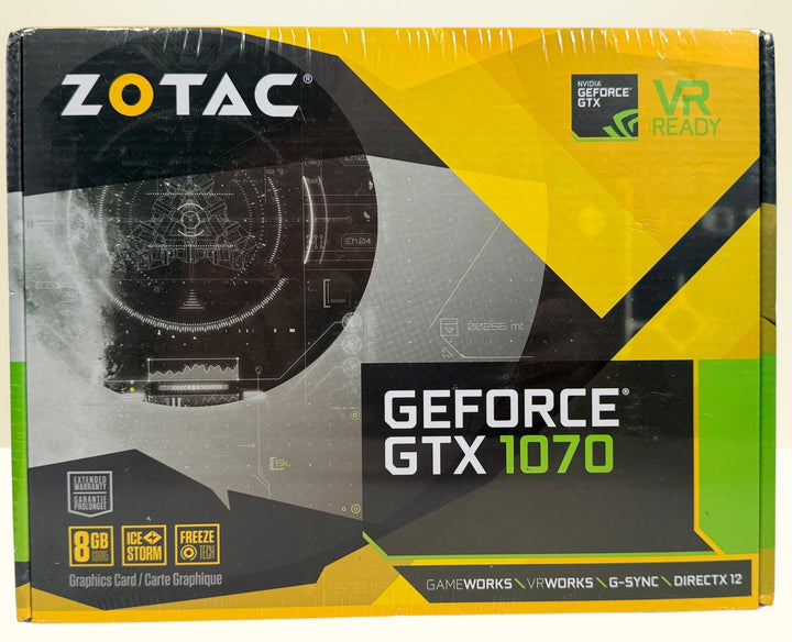 Factory-sealed ZOTAC GeForce GTX 1070 Mini 8GB GDDR5 graphics card with original retail box. NVIDIA Pascal GPU for gaming, VR, and compact PC builds.