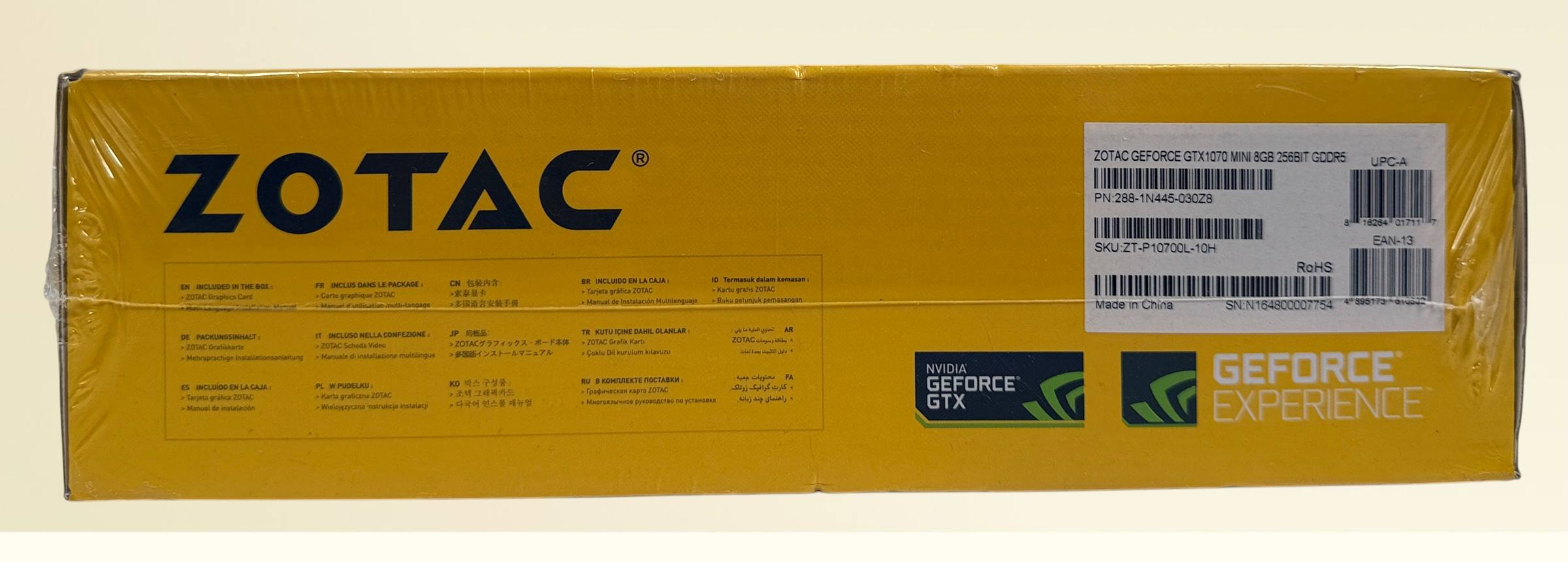 Factory-sealed ZOTAC GeForce GTX 1070 Mini 8GB GDDR5 graphics card with original retail box. NVIDIA Pascal GPU for gaming, VR, and compact PC builds.