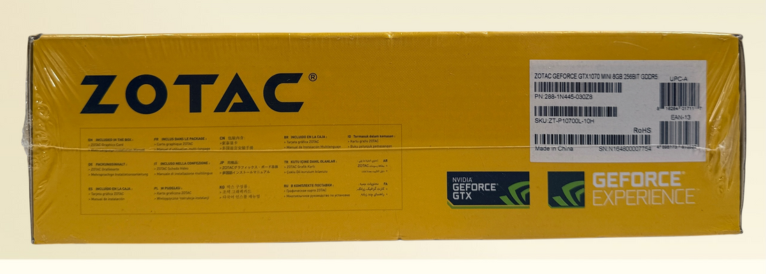 Factory-sealed ZOTAC GeForce GTX 1070 Mini 8GB GDDR5 graphics card with original retail box. NVIDIA Pascal GPU for gaming, VR, and compact PC builds.