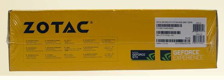 Factory-sealed ZOTAC GeForce GTX 1070 Mini 8GB GDDR5 graphics card with original retail box. NVIDIA Pascal GPU for gaming, VR, and compact PC builds.