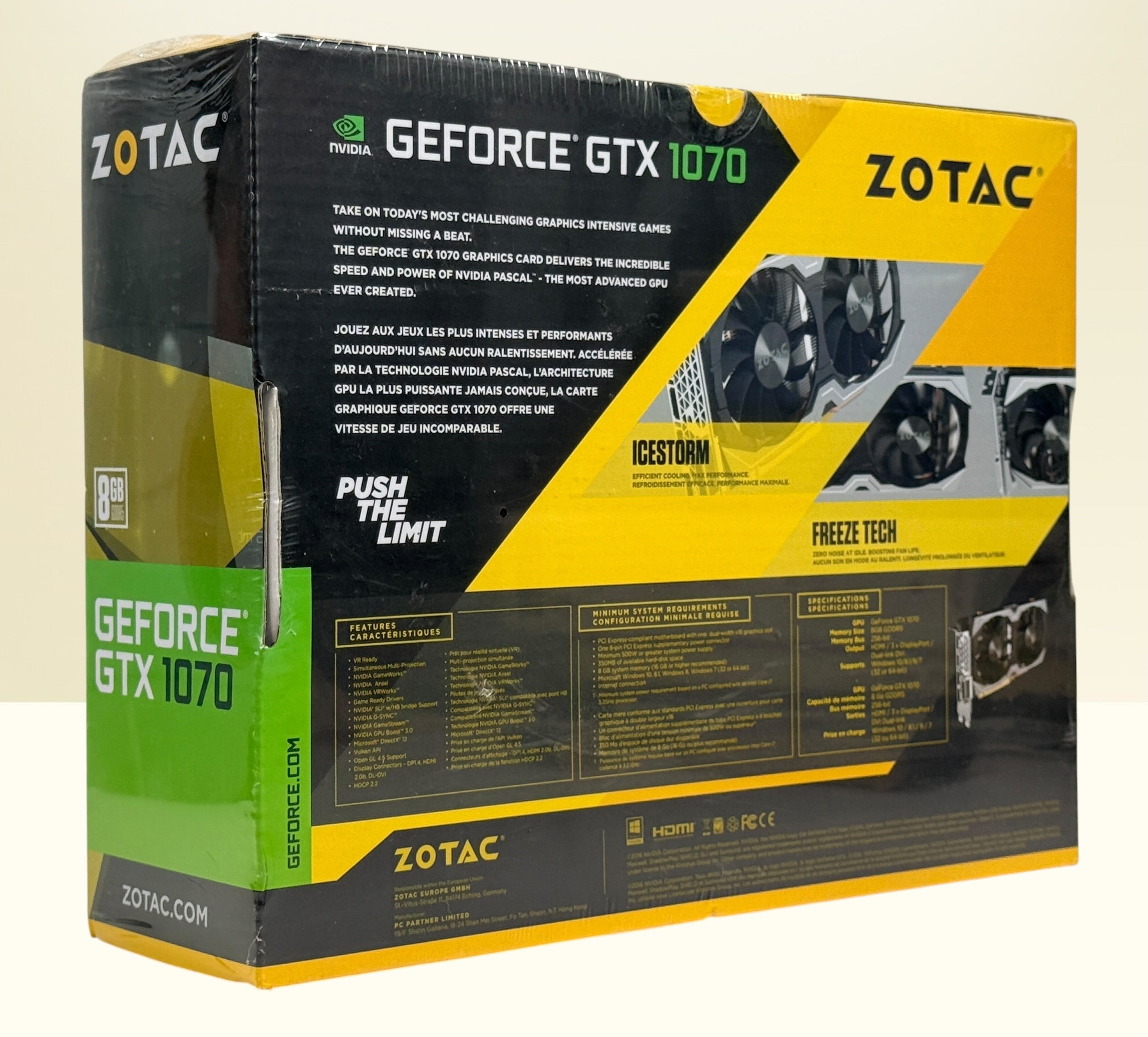 Factory-sealed ZOTAC GeForce GTX 1070 Mini 8GB GDDR5 graphics card with original retail box. NVIDIA Pascal GPU for gaming, VR, and compact PC builds.