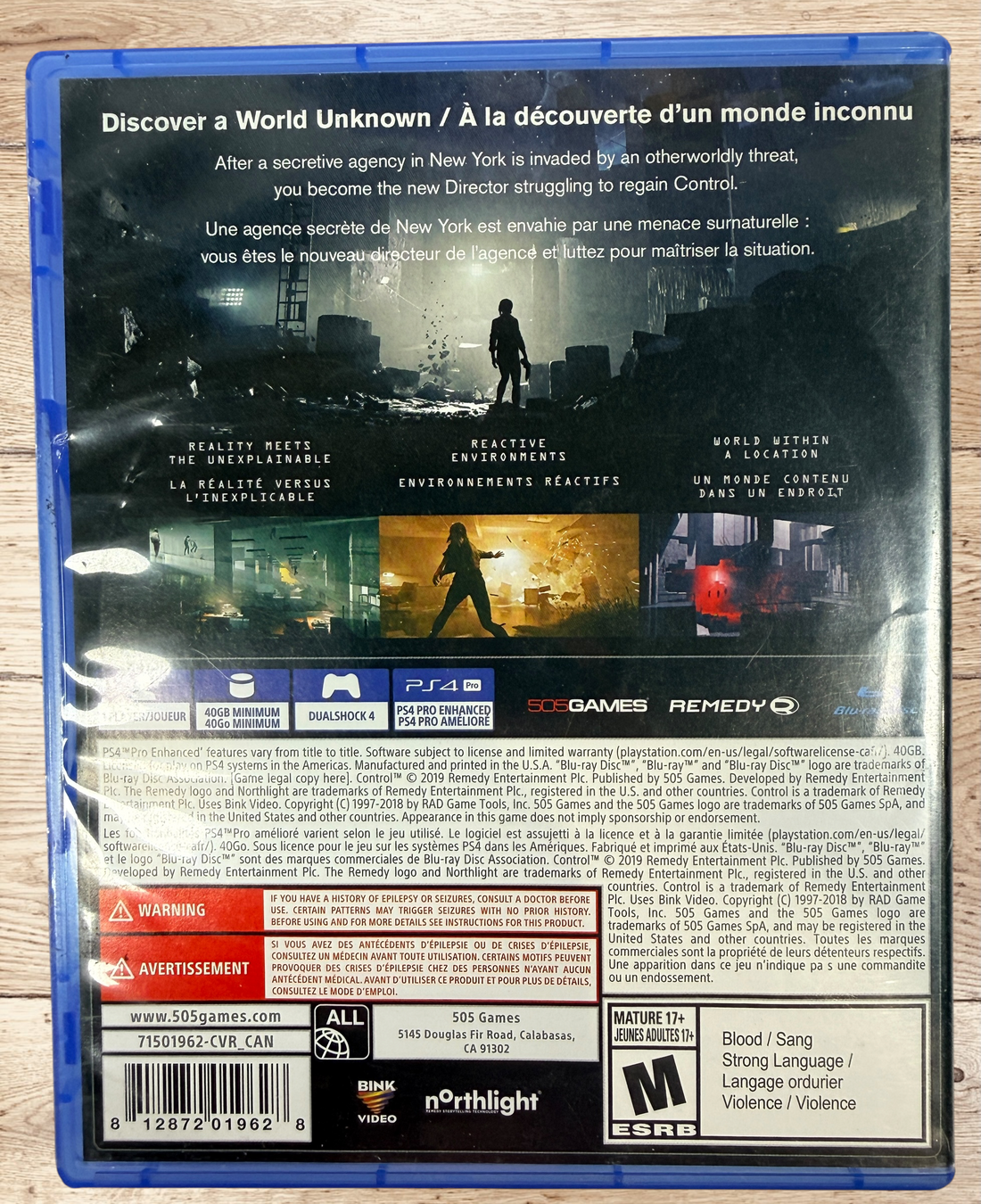 Complete PS4 copy of Control by Remedy Entertainment. Includes original case, disc and inserts. Tested and fully functional Canadian bilingual edition.