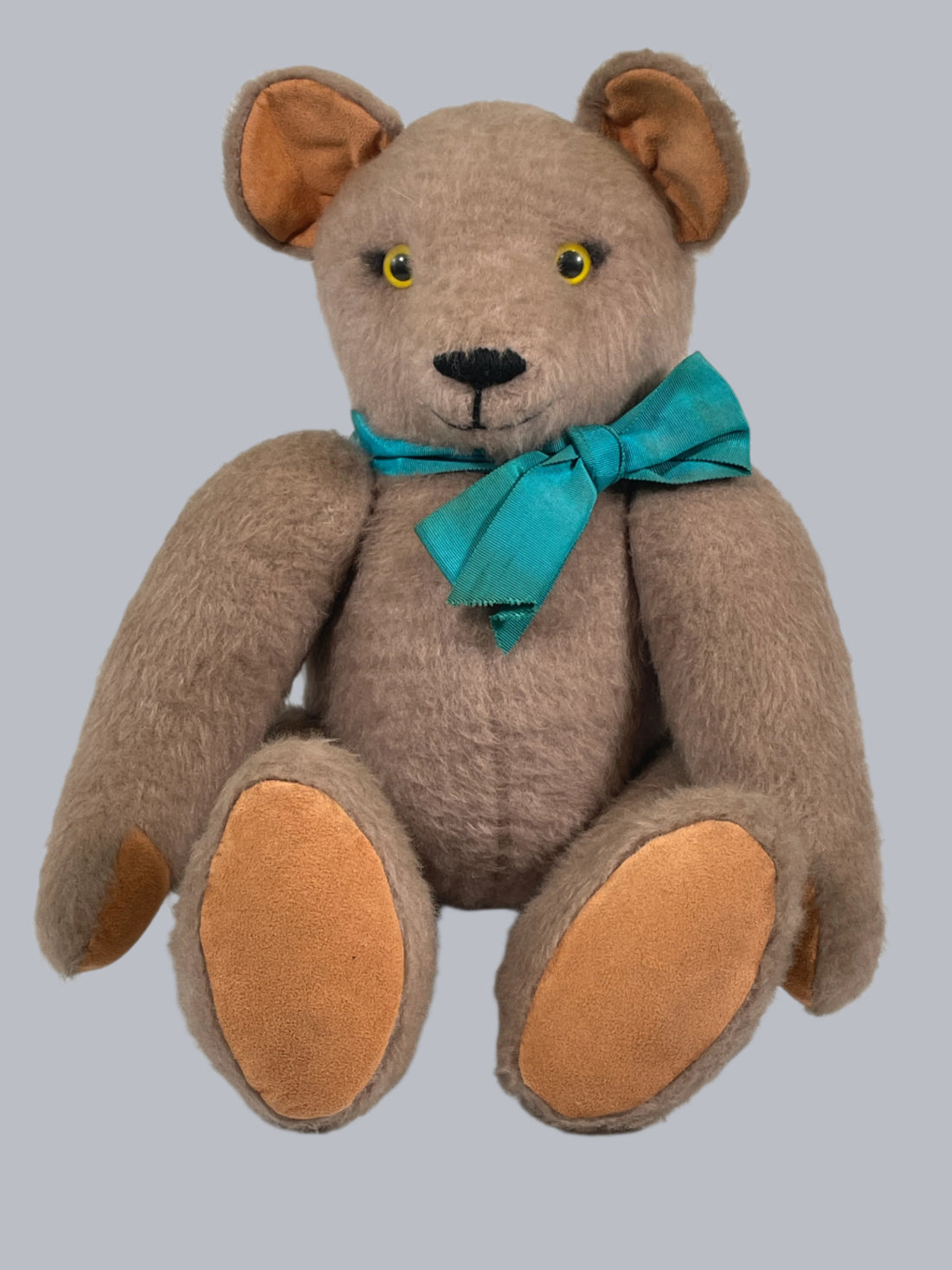 Vintage Handmade Mohair Teddy Bear with Suede Pads & Teal Bow – Jointed Limbs