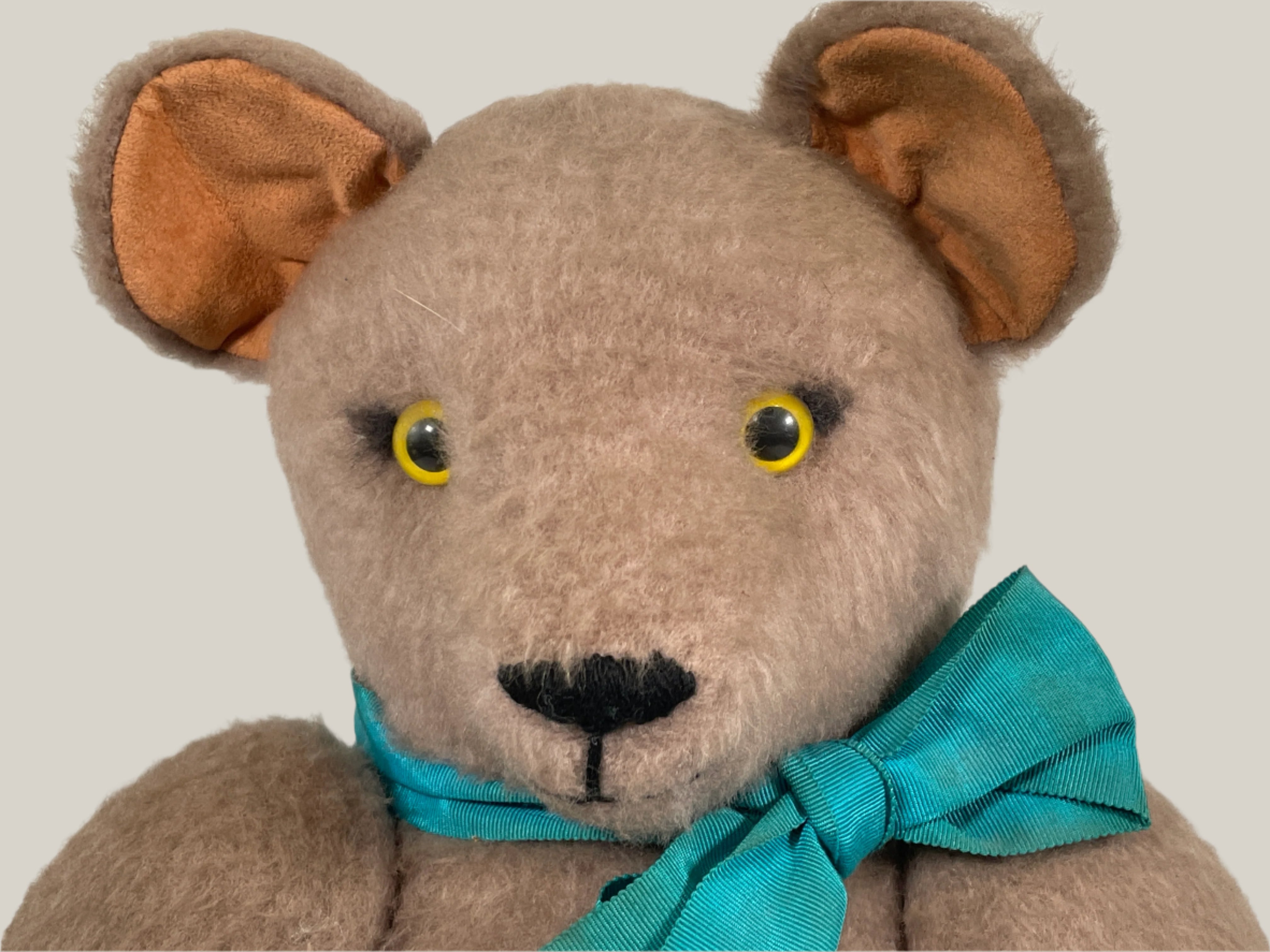 Vintage Handmade Mohair Teddy Bear with Suede Pads & Teal Bow – Jointed Limbs