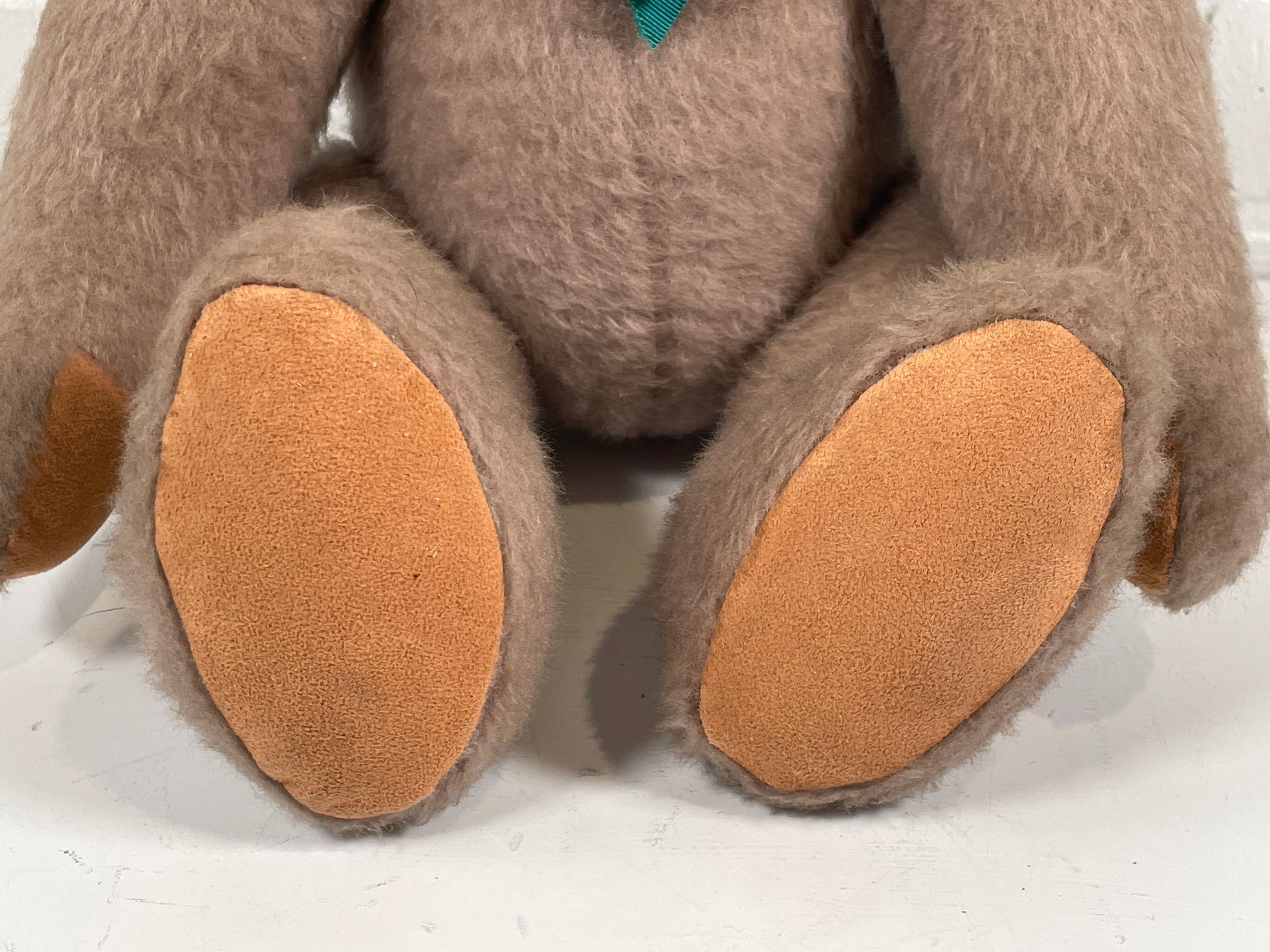 Vintage Handmade Mohair Teddy Bear with Suede Pads & Teal Bow – Jointed Limbs