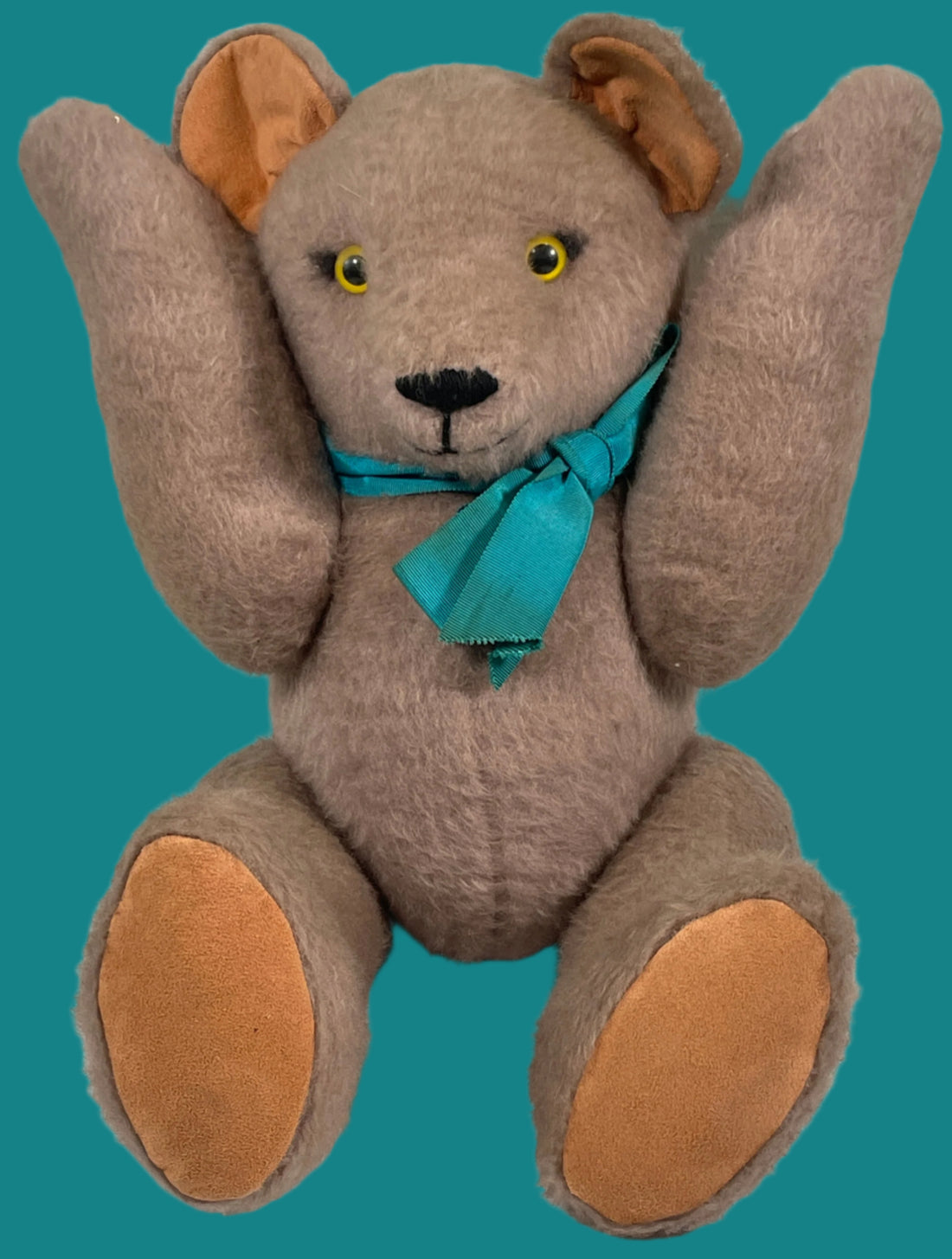 Vintage Handmade Mohair Teddy Bear with Suede Pads & Teal Bow – Jointed Limbs