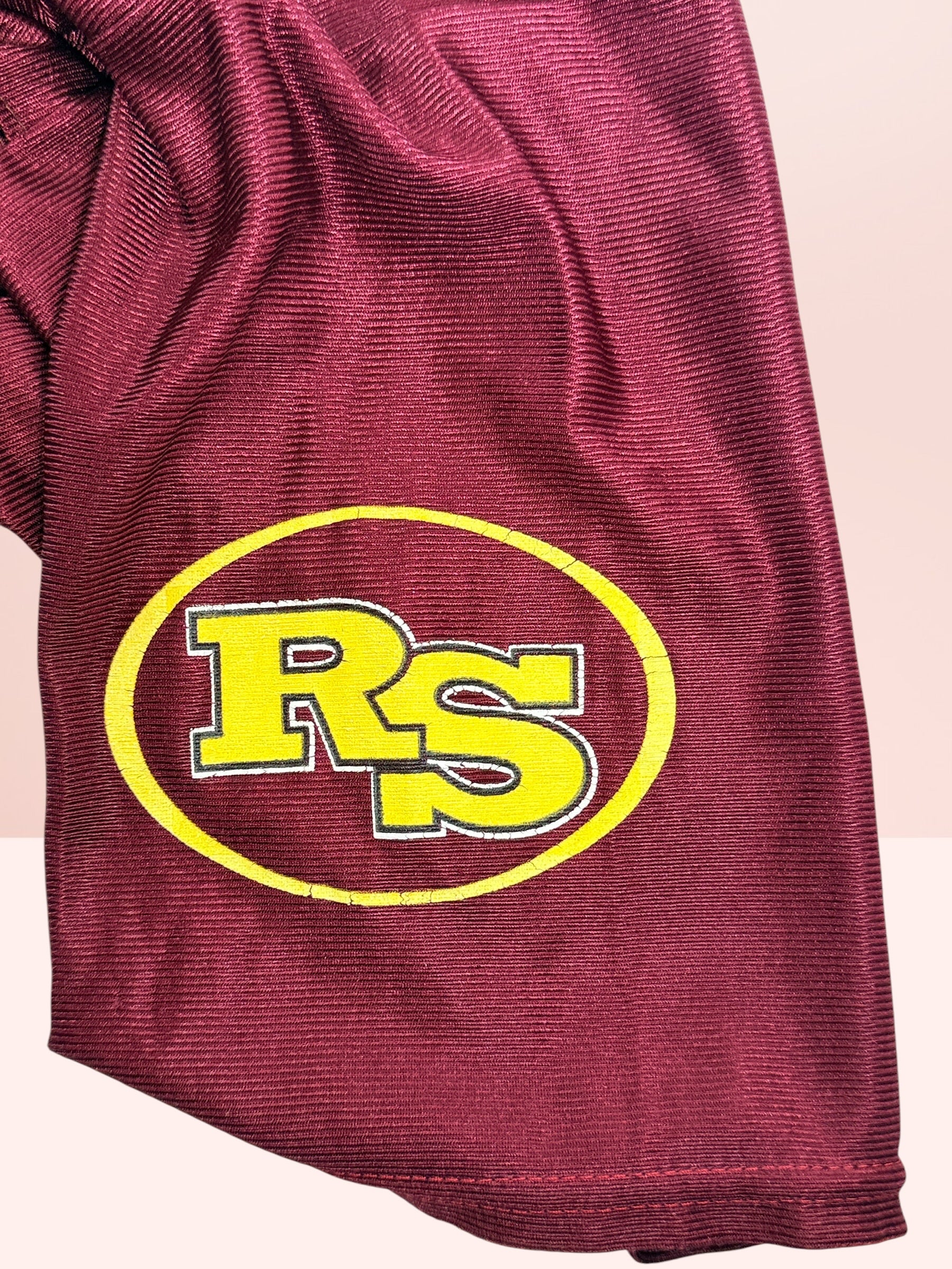 Authentic vintage Rolling Stones 98 football jersey by LogoAthletic. Official licensed USA-made burgundy mesh shirt with classic tongue logo and oversized 90s fit.