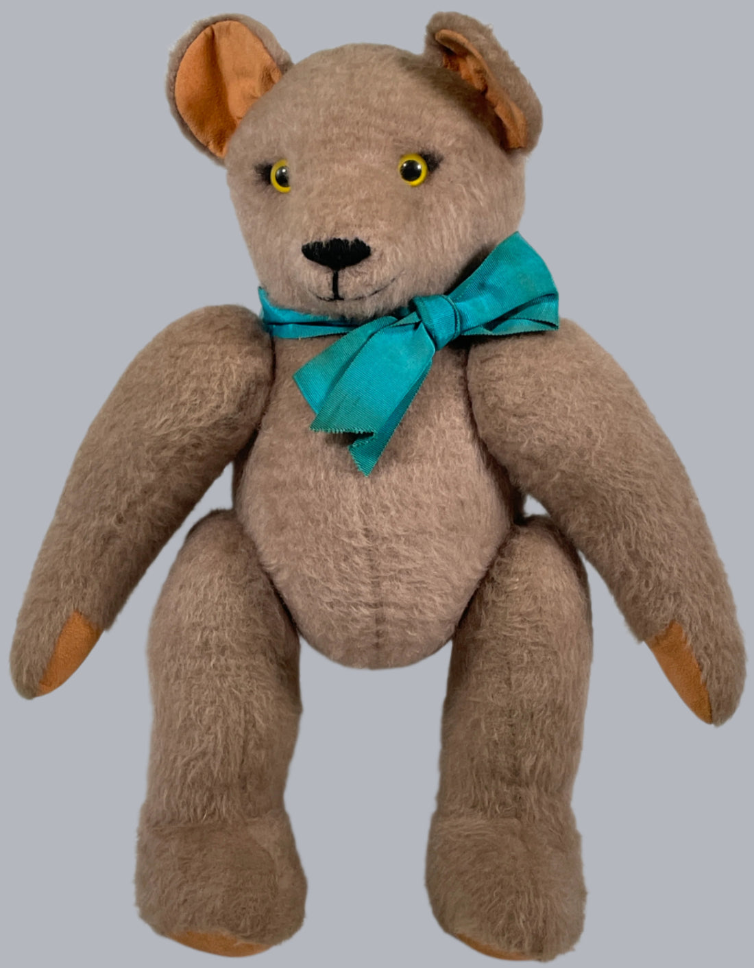 Vintage Handmade Mohair Teddy Bear with Suede Pads & Teal Bow – Jointed Limbs