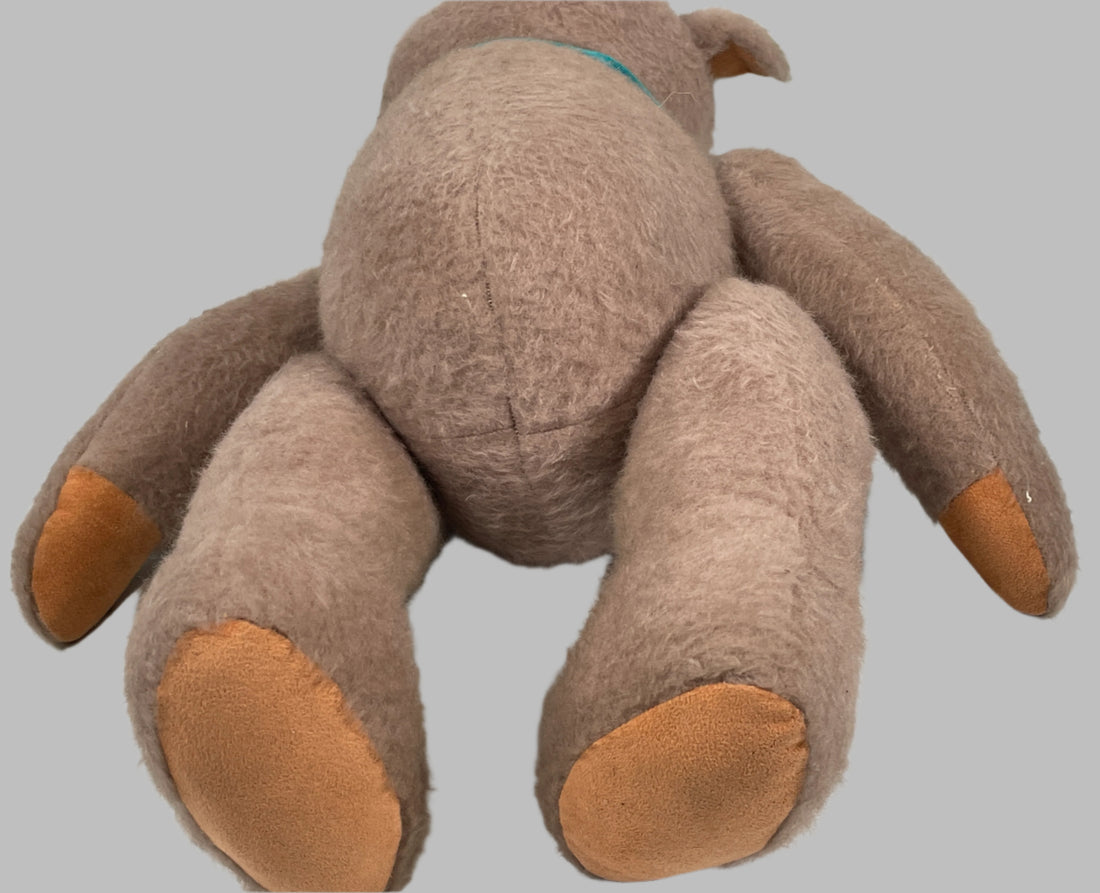 Vintage Handmade Mohair Teddy Bear with Suede Pads & Teal Bow – Jointed Limbs