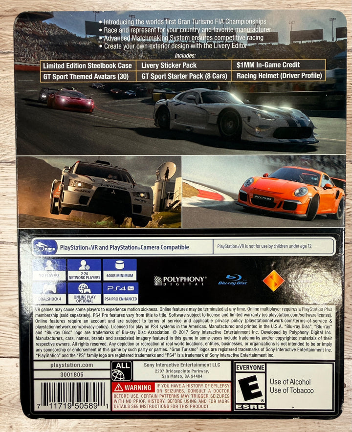 Complete Gran Turismo Sport Limited Edition for PS4 with exclusive SteelBook, slipcover, insert and tested game disc. Great collectible for PlayStation fans.