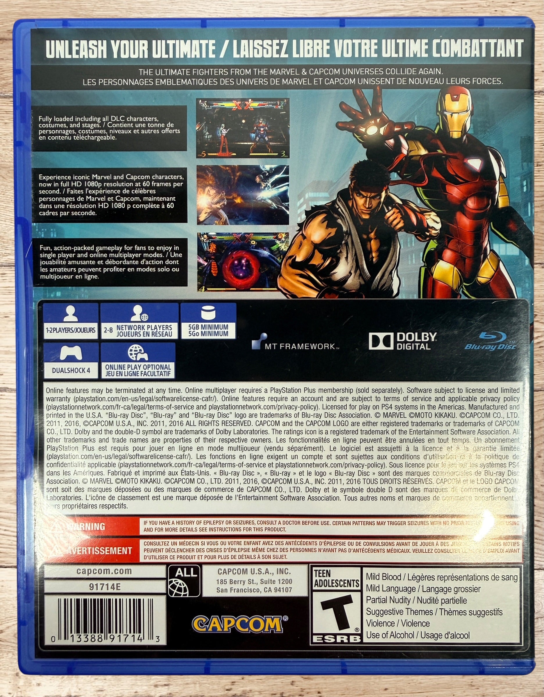 Complete PS4 copy of Ultimate Marvel vs. Capcom 3. Includes original case, manual, and tested game disc. Canadian bilingual edition in very good condition.