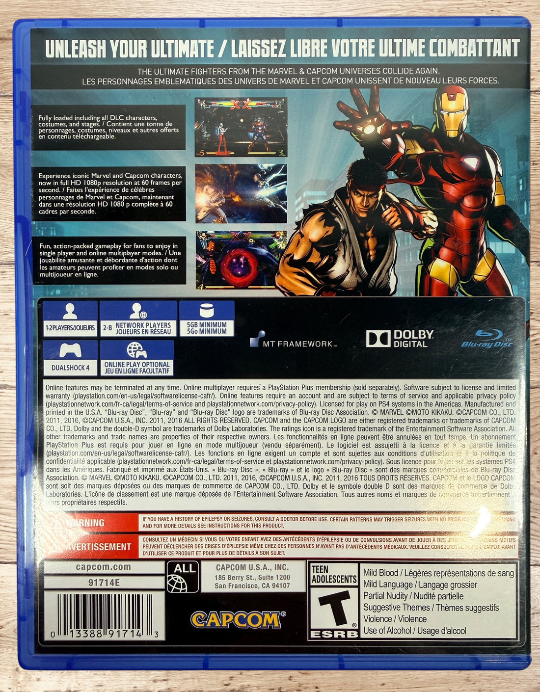 Complete PS4 copy of Ultimate Marvel vs. Capcom 3. Includes original case, manual, and tested game disc. Canadian bilingual edition in very good condition.