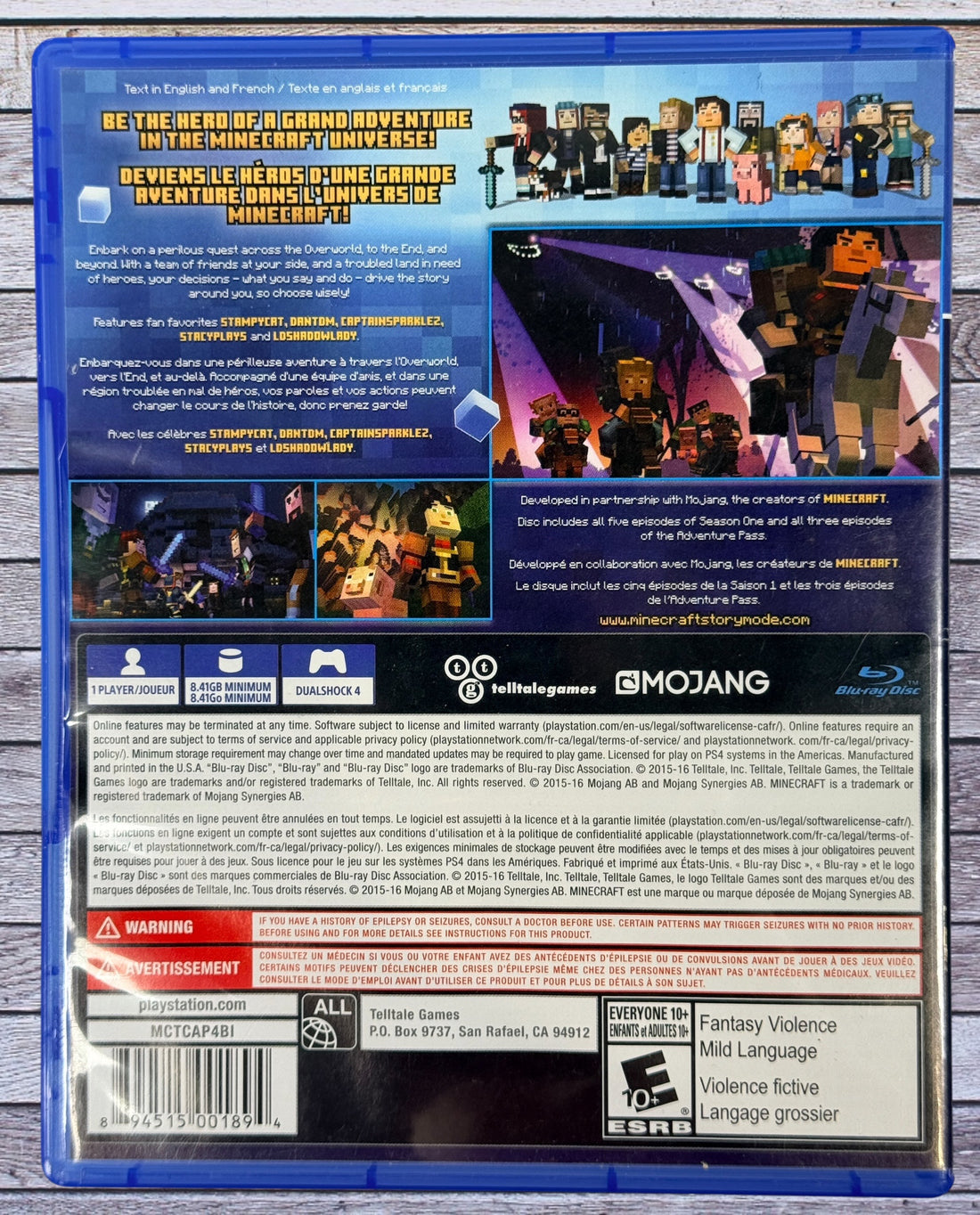 Complete PS4 copy of Minecraft Story Mode: The Complete Adventure. Includes all 8 episodes, original case, bilingual artwork, and tested game disc.