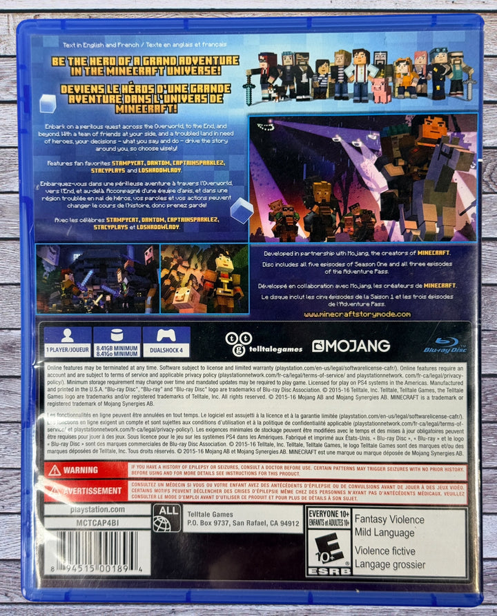 Complete PS4 copy of Minecraft Story Mode: The Complete Adventure. Includes all 8 episodes, original case, bilingual artwork, and tested game disc.