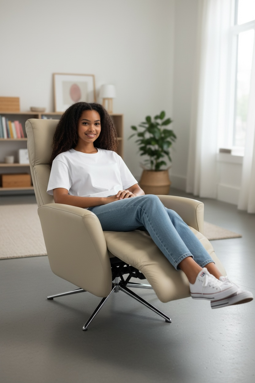 Hjort Knudsen Danish leather recliner swivel lounge chair with Scandinavian design and comfortable reclining seat. Quality vintage seating available for local pickup in Montreal.