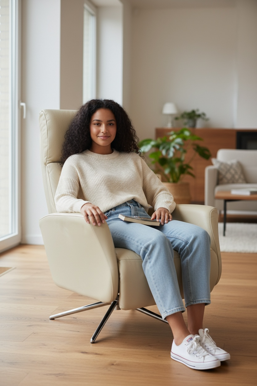 Hjort Knudsen Danish leather recliner swivel lounge chair with Scandinavian design and comfortable reclining seat. Quality vintage seating available for local pickup in Montreal.