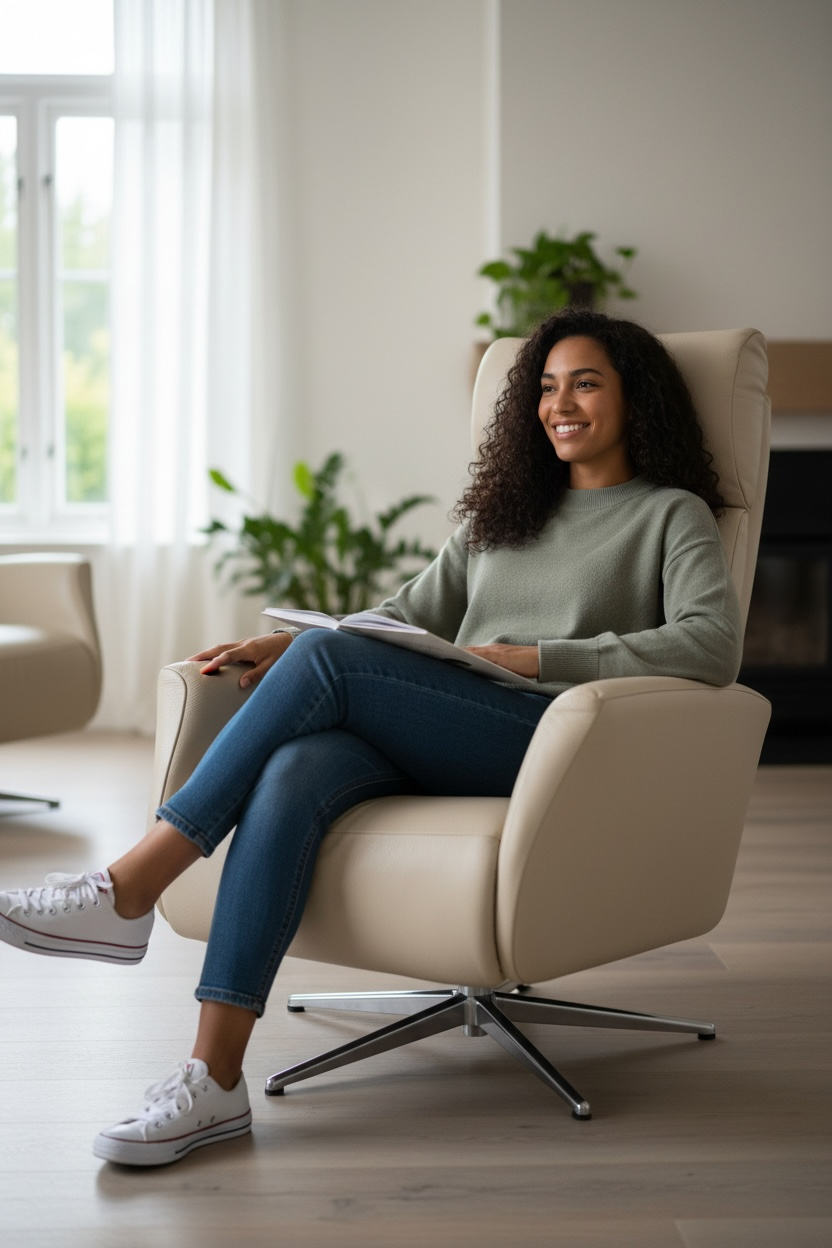Hjort Knudsen Danish leather recliner swivel lounge chair with Scandinavian design and comfortable reclining seat. Quality vintage seating available for local pickup in Montreal.