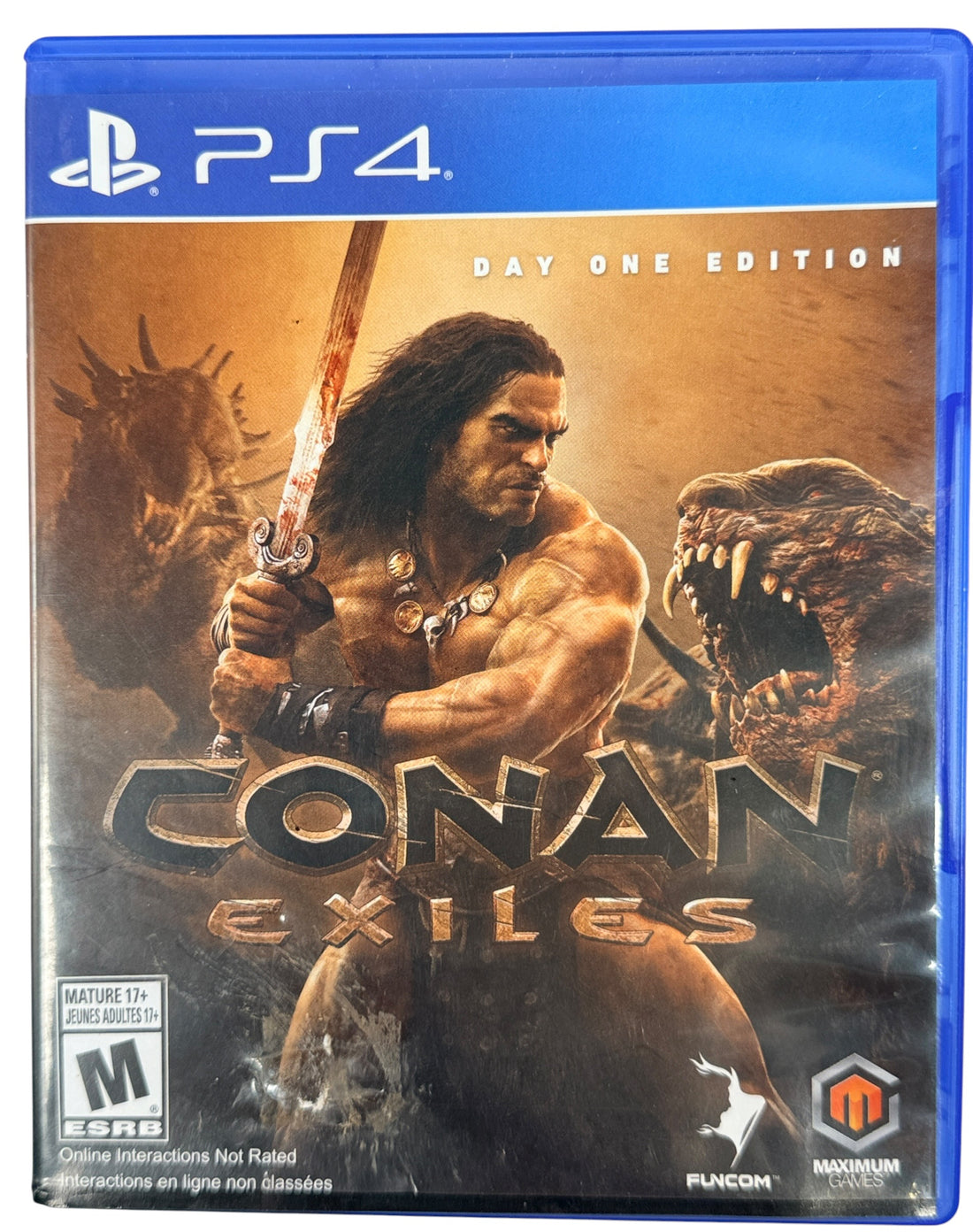 Complete PS4 copy of Conan Exiles Day One Edition. Includes original case, artwork, Day One insert, and tested game disc. Clean CIB North American release.
