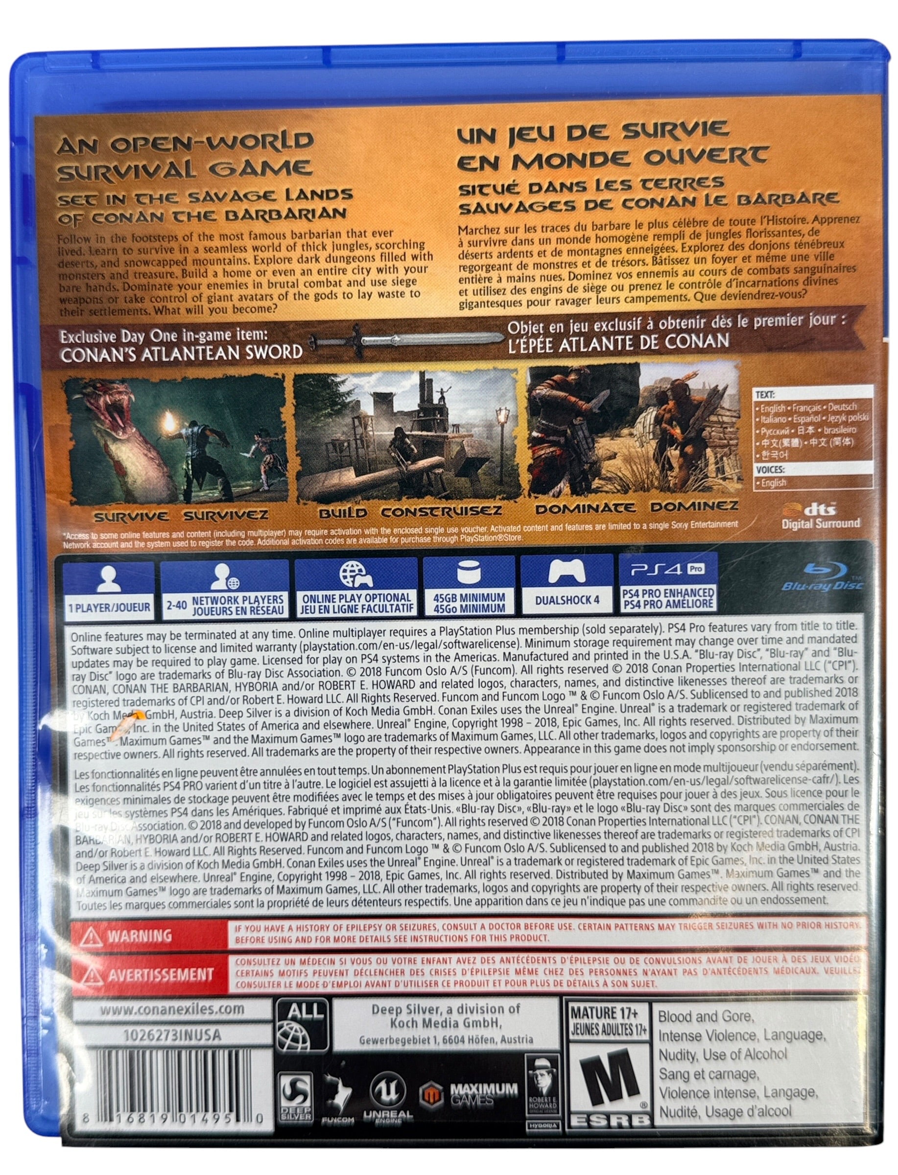 Complete PS4 copy of Conan Exiles Day One Edition. Includes original case, artwork, Day One insert, and tested game disc. Clean CIB North American release.