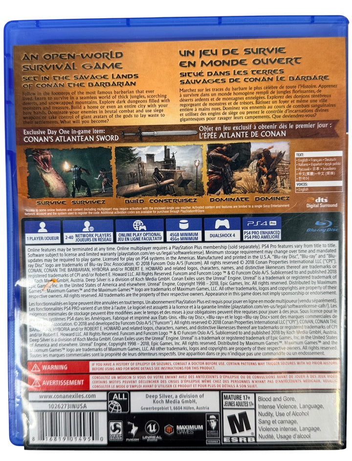 Complete PS4 copy of Conan Exiles Day One Edition. Includes original case, artwork, Day One insert, and tested game disc. Clean CIB North American release.