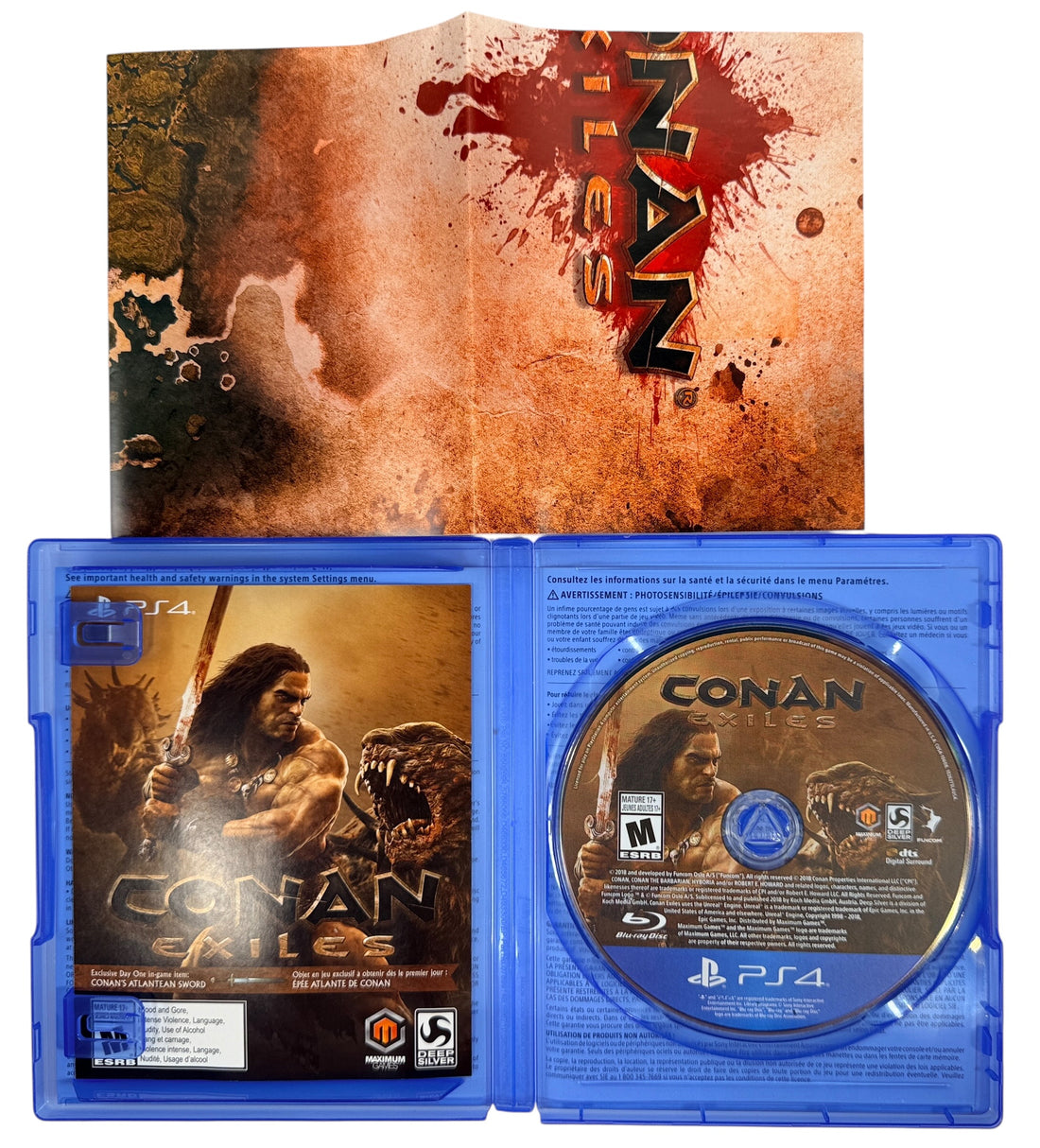 Complete PS4 copy of Conan Exiles Day One Edition. Includes original case, artwork, Day One insert, and tested game disc. Clean CIB North American release.